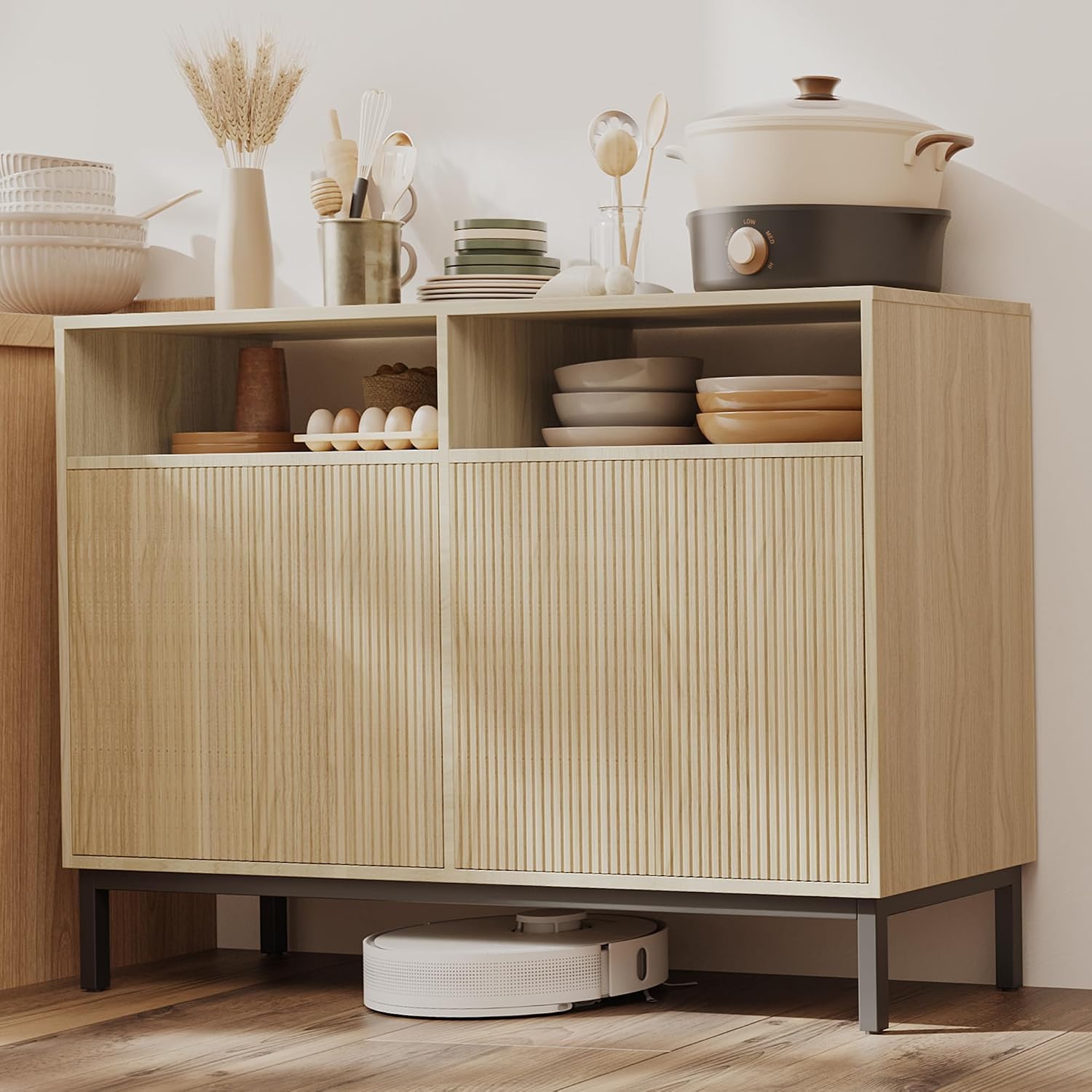 Mericonia Farmhouse Buffet Sideboard Cabinet with Storage, Fluted Coffee Bar with Doors and Adjustable Shelves, Modern Wood Console Cabinet for Kitchen, Livingroom (Fluted 4 Door, Oak)