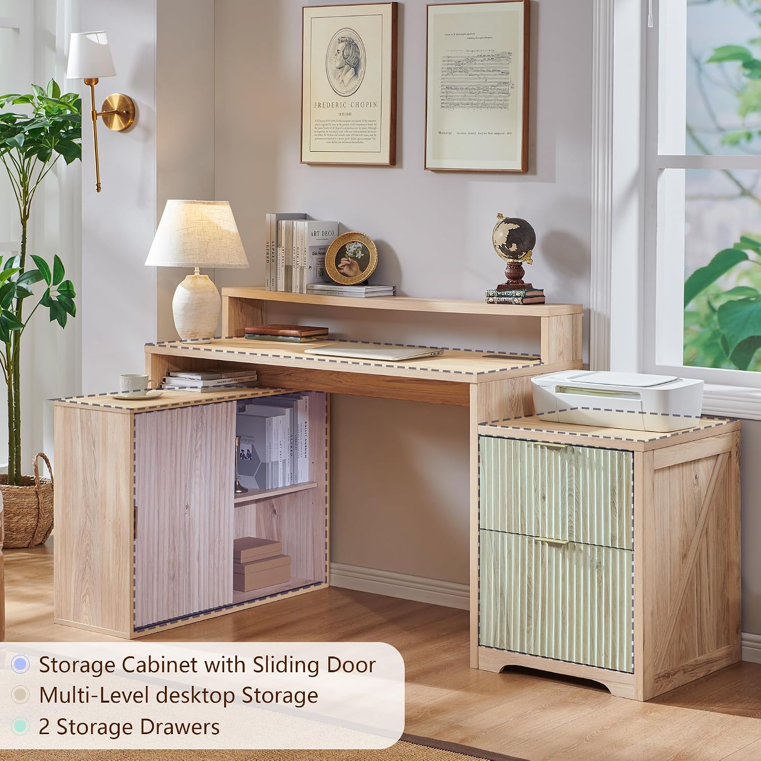 JXQTLINGMU 67' Modern L Shaped Desk with Storage Cabinet & Drawers, Wood Home Office Desk with Power Outlets, Fluted Computer Writing Desk, Oak