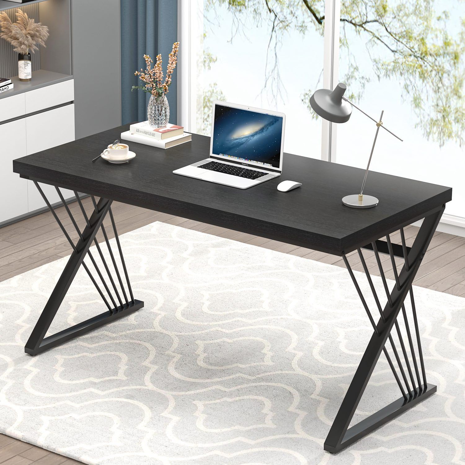 FOLUBAN Black Desk, Modern Wood and Metal Computer Desk for Home Office, Simple Writing Work PC Desks for Bedroom, Industrial Study Gaming Table for Living Room, Black, 53 Inch