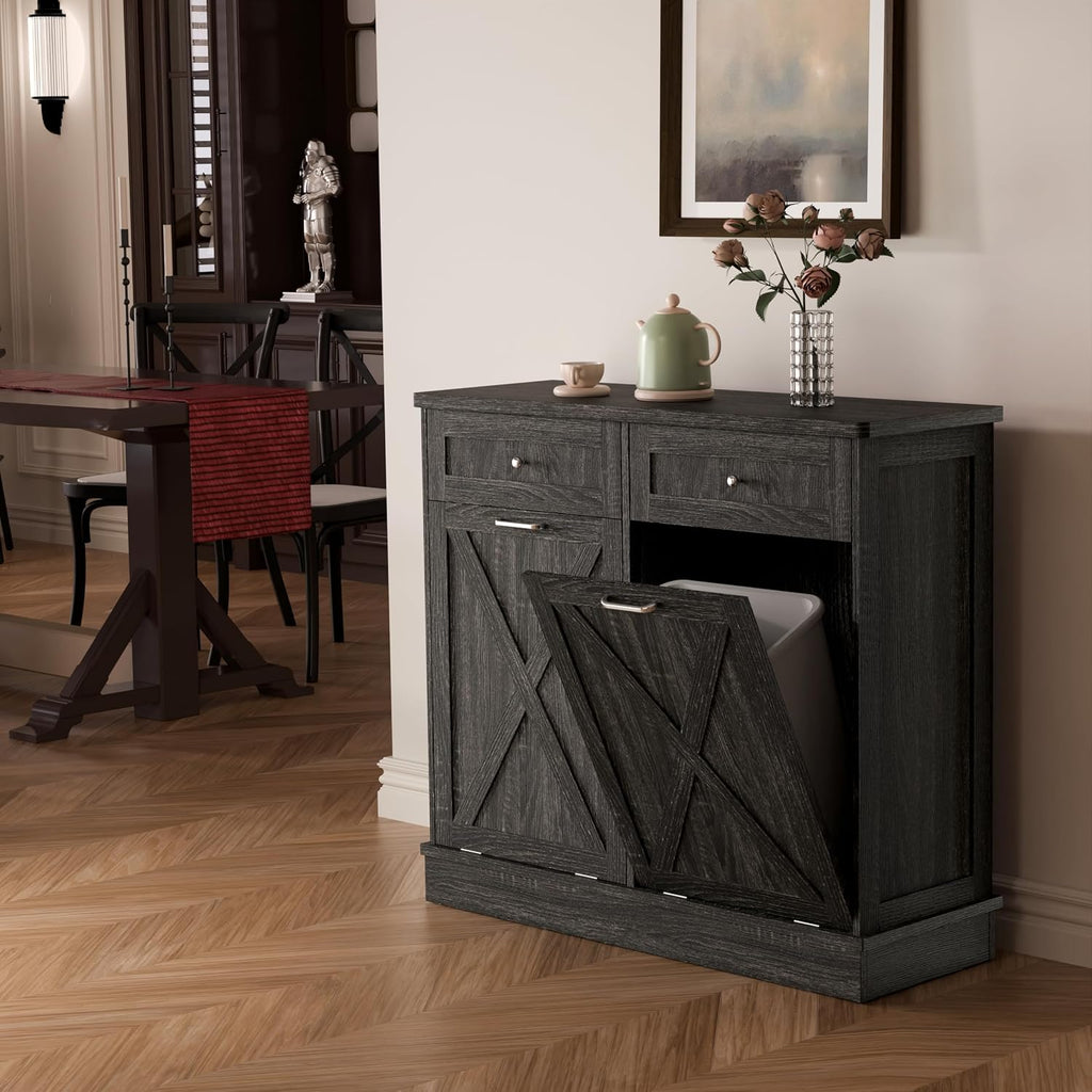 TOLEAD Double Tilt Out Trash Cabinet Free Standing 10 Gallon Wooden Dual Trash Can Cabinet with Barn Door for Farmhouse Kitchen,Living Room, Dining Room, Oak Grey