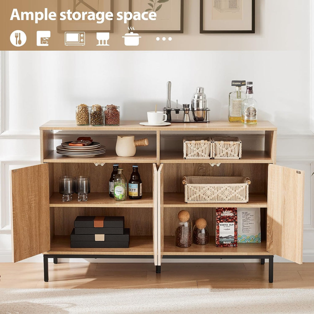 46 inch Sideboard Buffet Cabinet with Open Storage Shelf, Modern Fluted Credenza with 4 Doors and Adjustable Shelf, Large Coffee Bar Storage for Kitchen, Entryway