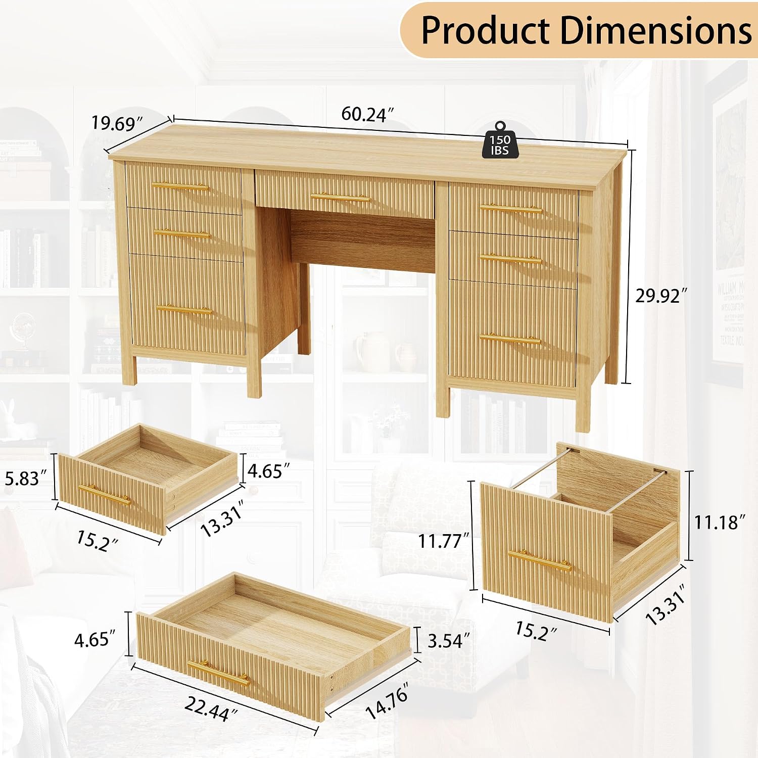 Modern Executive Desk with Drawers: 60' Oak Home Office Desks with File Drawers, Wood Fluted Computer Writing Desk for Work, Study, and Living Room (60')