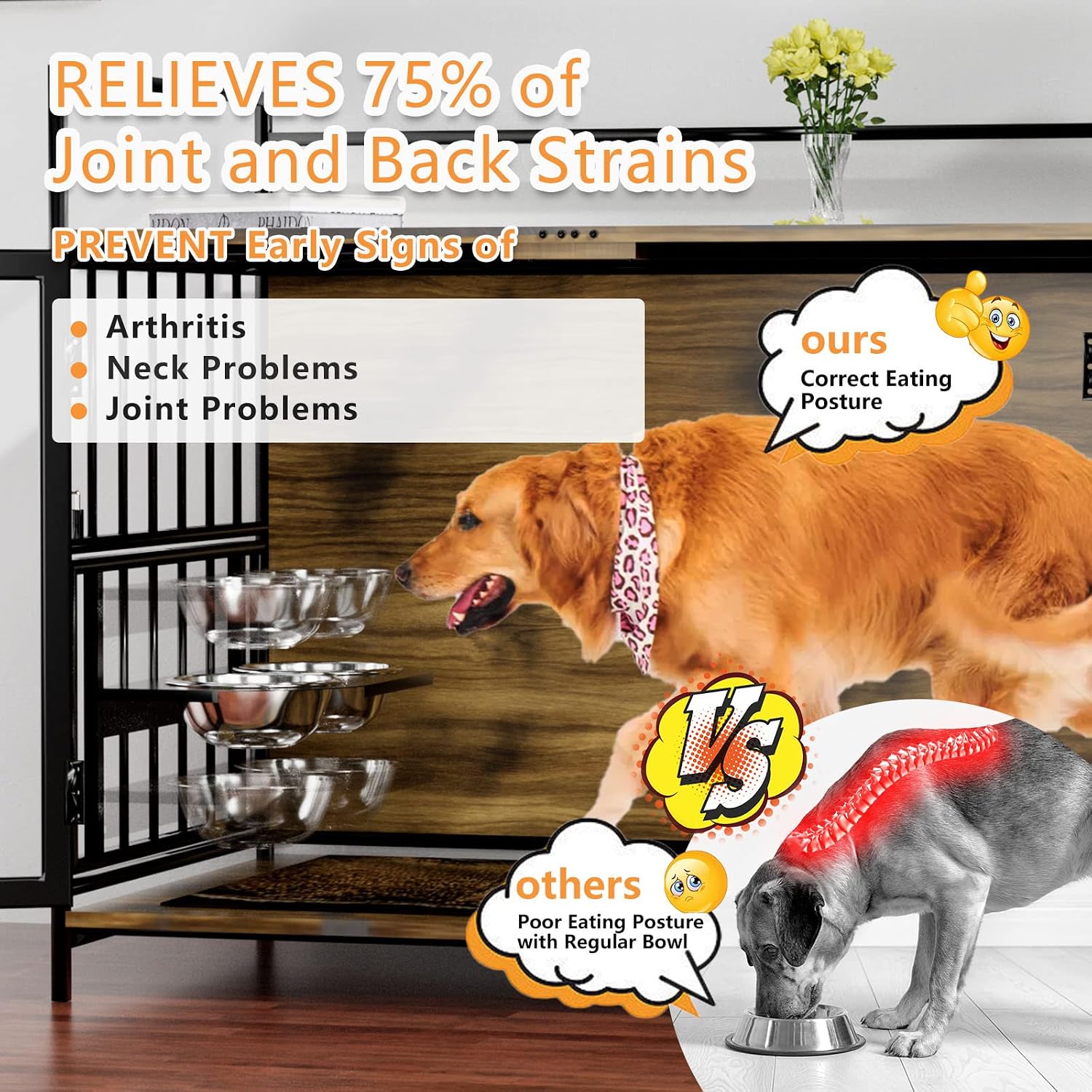 ROOMTEC Furniture Style Large Dog Crate with 360° & Adjustable Raised Feeder for Dogs 2 Stainless Steel Bowls -End Table House Pad, Indoor Use,41' L X 24' W 36' H, Classic Brown
