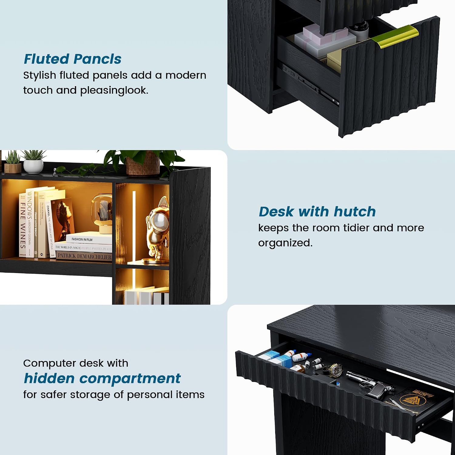 WOOVIVS Home Office Desk with Hutch & LED Lights - 39' Computer Desk with Charging Station, 3 Large Drawers, Hidden Compartment & Fluted Panel Design,Black Writing Desk for Bedroom, Study