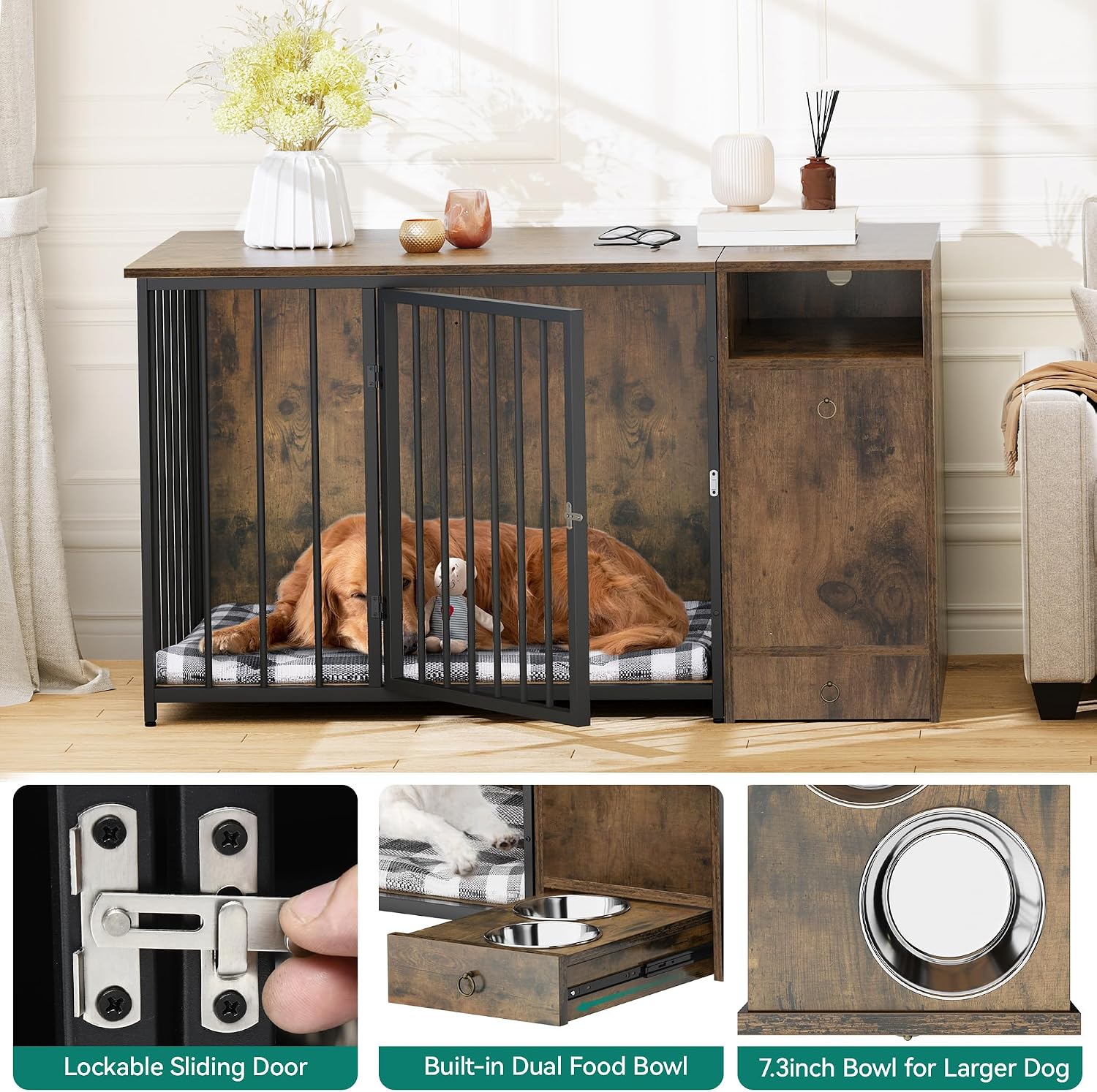 YITAHOME Dog Crate Furniture with Feeder Bowls, 55' Large Breed Dog Kennel with Storage Drawer, Heavy Duty Dog House TV Stand Indoor for Medium Dogs, Brown
