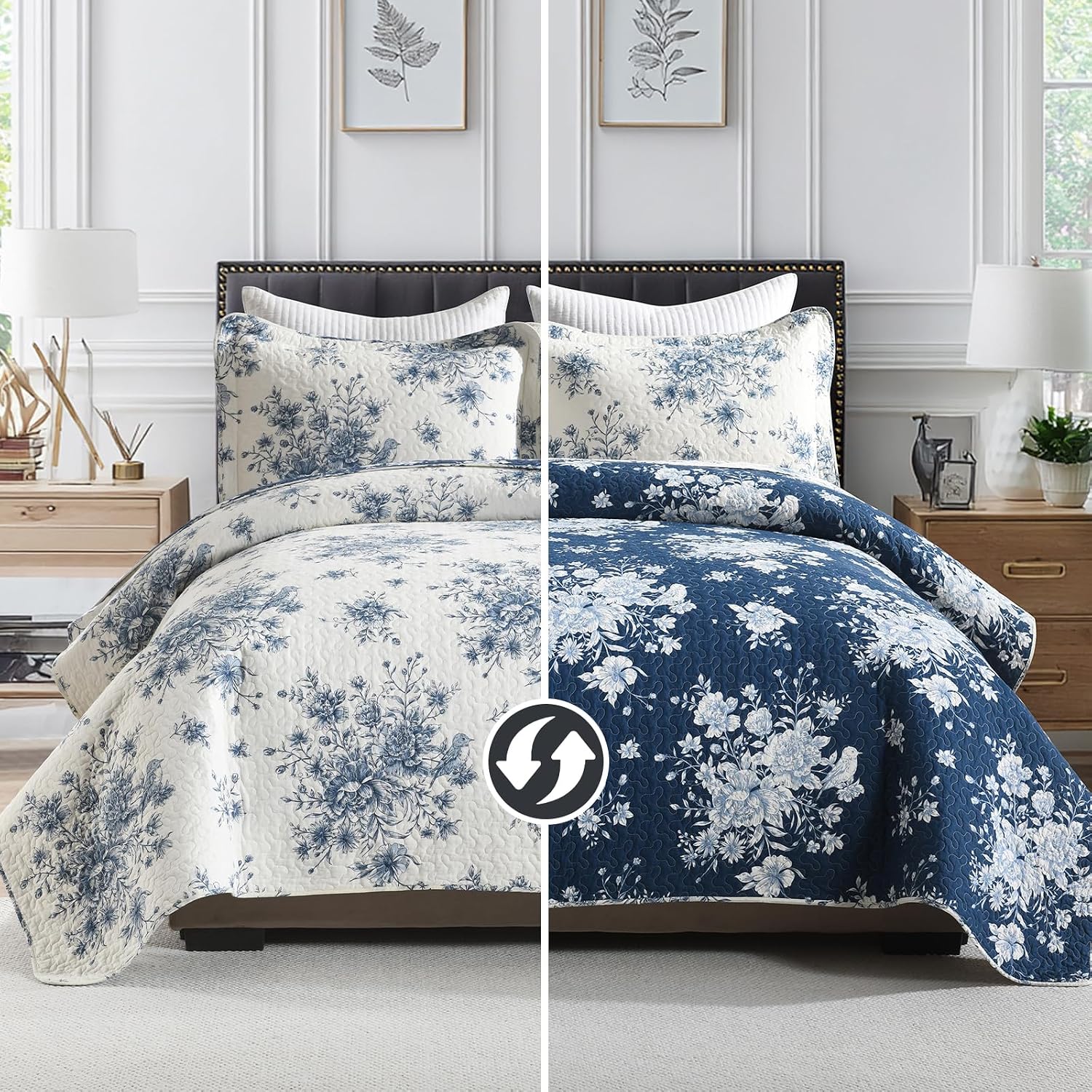 PANGUSHAN Quilt Set Queen Size - 100% Cotton Queen Comforter Set, Blue and White Farmhouse Bedspread with 2 Pillow Shams, Floral Reversible Lightweight Bedding, Queen Bed Spread for All Season, 3pcs