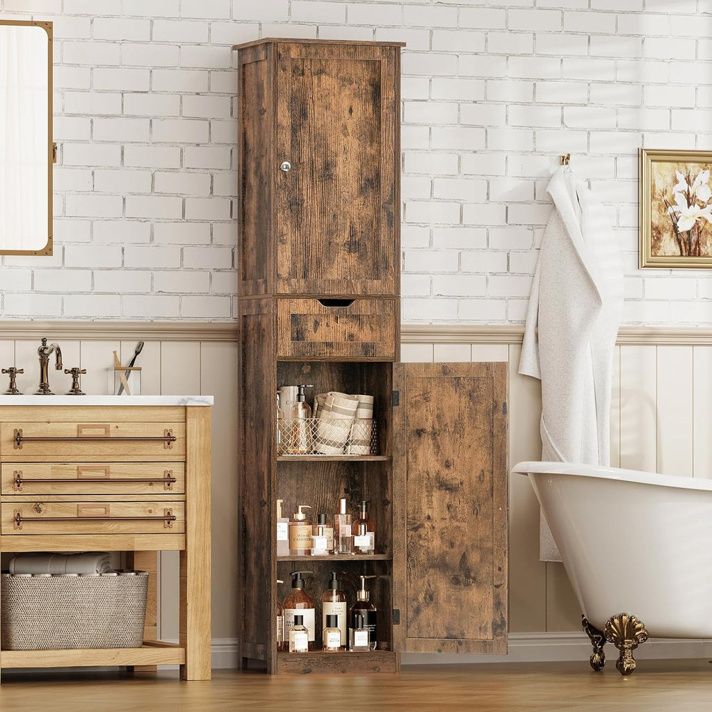 Iwell 67' Tall Storage Cabinet, Bathroom Cabinet with Drawer & Adjustable Shelves, Narrow Storage Cabinet, Floor Cabinet for Living Room, Home Office, Rustic Brown