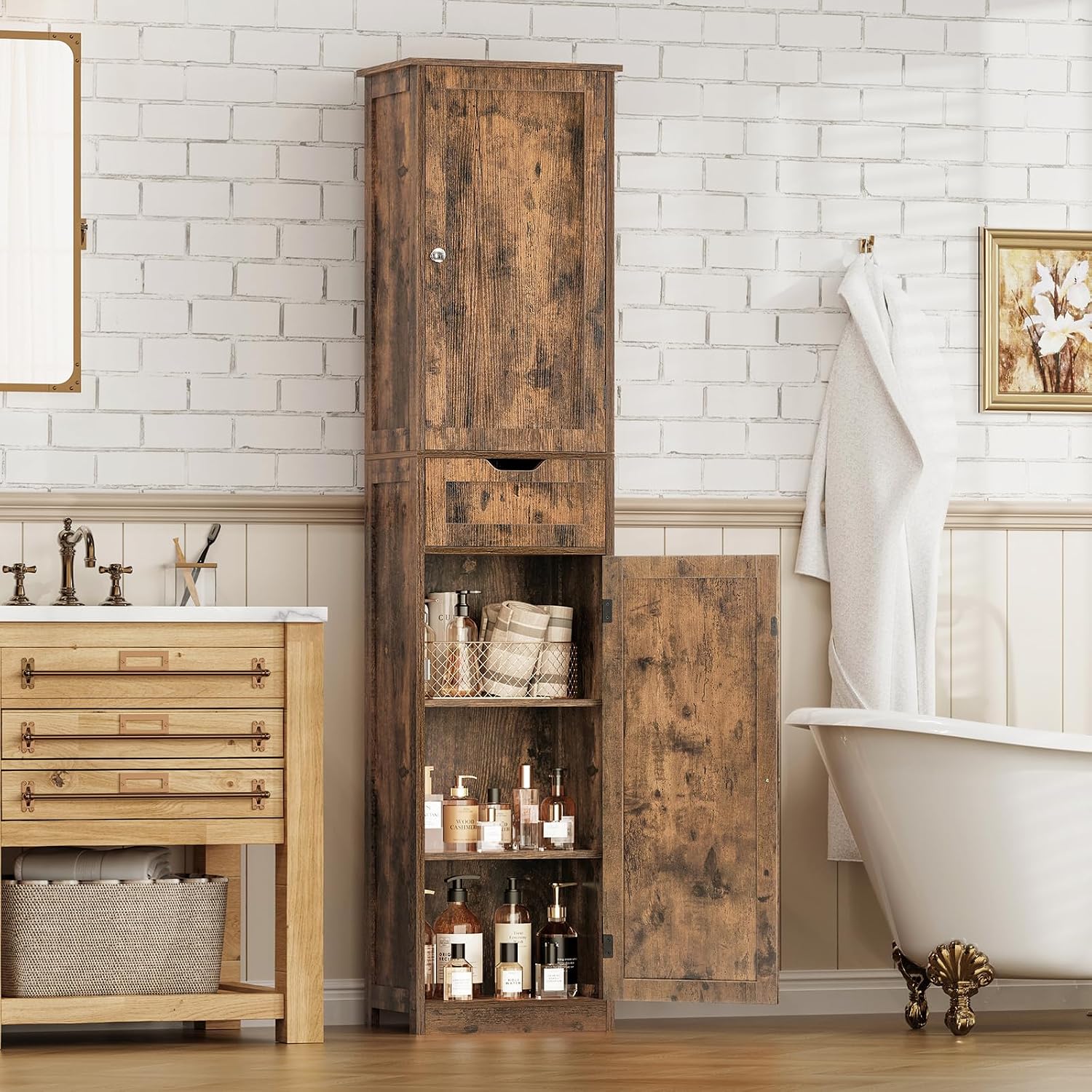 Iwell 67' Tall Storage Cabinet, Bathroom Cabinet with Drawer & Adjustable Shelves, Narrow Storage Cabinet, Floor Cabinet for Living Room, Home Office, Rustic Brown
