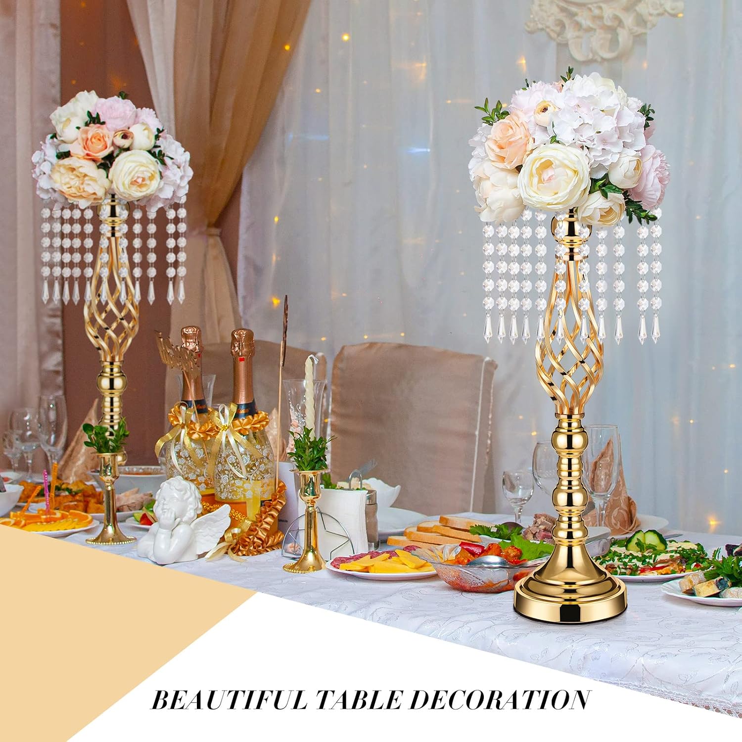 Sieral 15 Pcs Gold Wedding Centerpieces for Table Gold Crystal Flower Stand 19.3 Inch Tall Vase with Chandelier Metal Flower Holders for Wedding Bridal Shower Party Reception Dinner Tabletop Decor