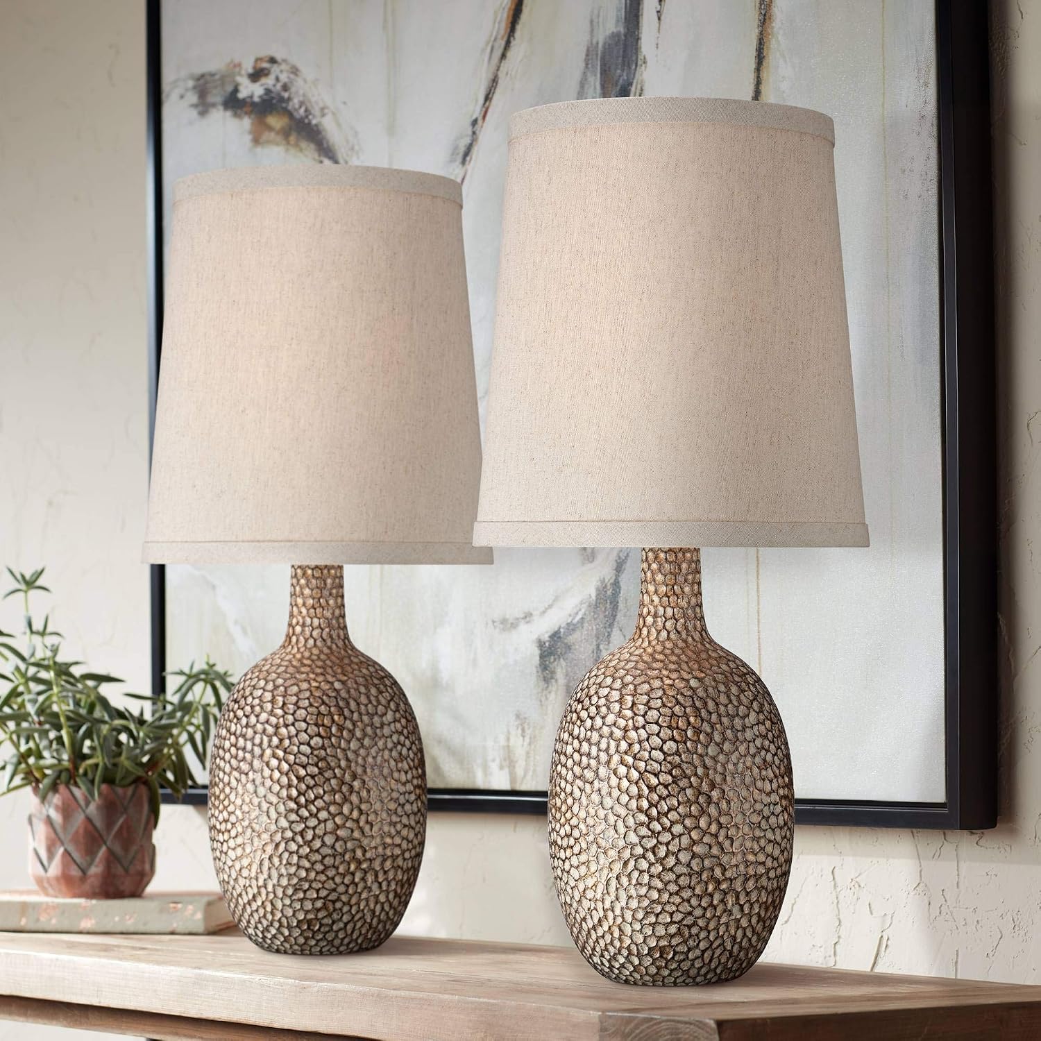 360 Lighting Chalane Rustic Farmhouse Accent Table Lamps 23 1/2' Tall Set of 2 Antique Bronze Hammered Textured Natural Linen Shade for Bedroom Living Room House Bedside Nightstand Office