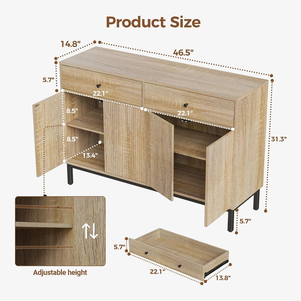 Mericonia Farmhouse Buffet Sideboard Cabinet with Storage, Fluted Coffee Bar with Doors and Adjustable Shelves, Modern Wood Console Cabinet with Drawers (4 Door, Natural 2 Drawer)