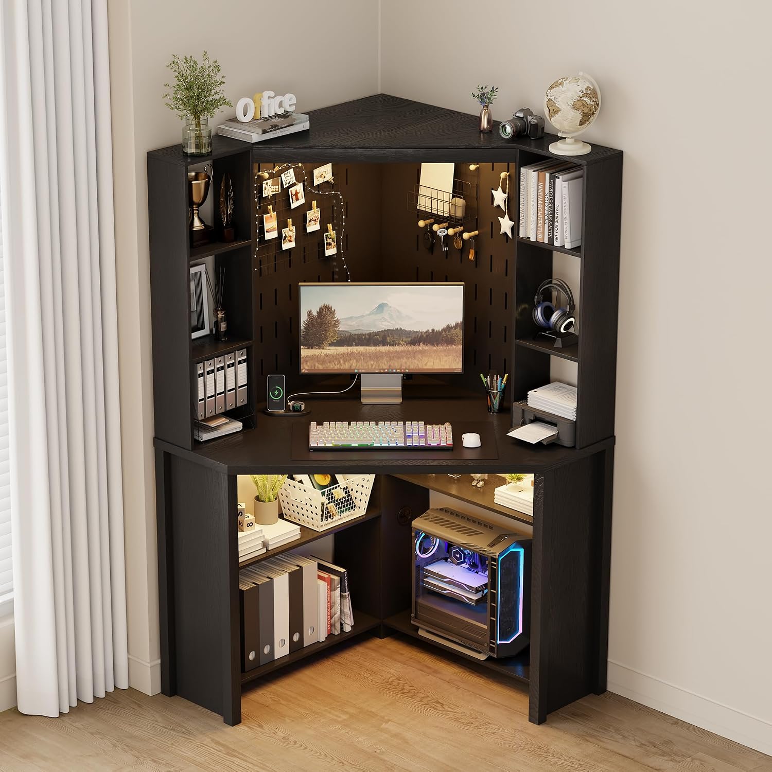 Corner Desk with - LED Reading Light, L-Shaped Computer Desk w/Hutch & Shelves, Home Office Desk w/Charging Station for Work & Study, File Cabinet Storage Bookshelf for Small Space (Black)