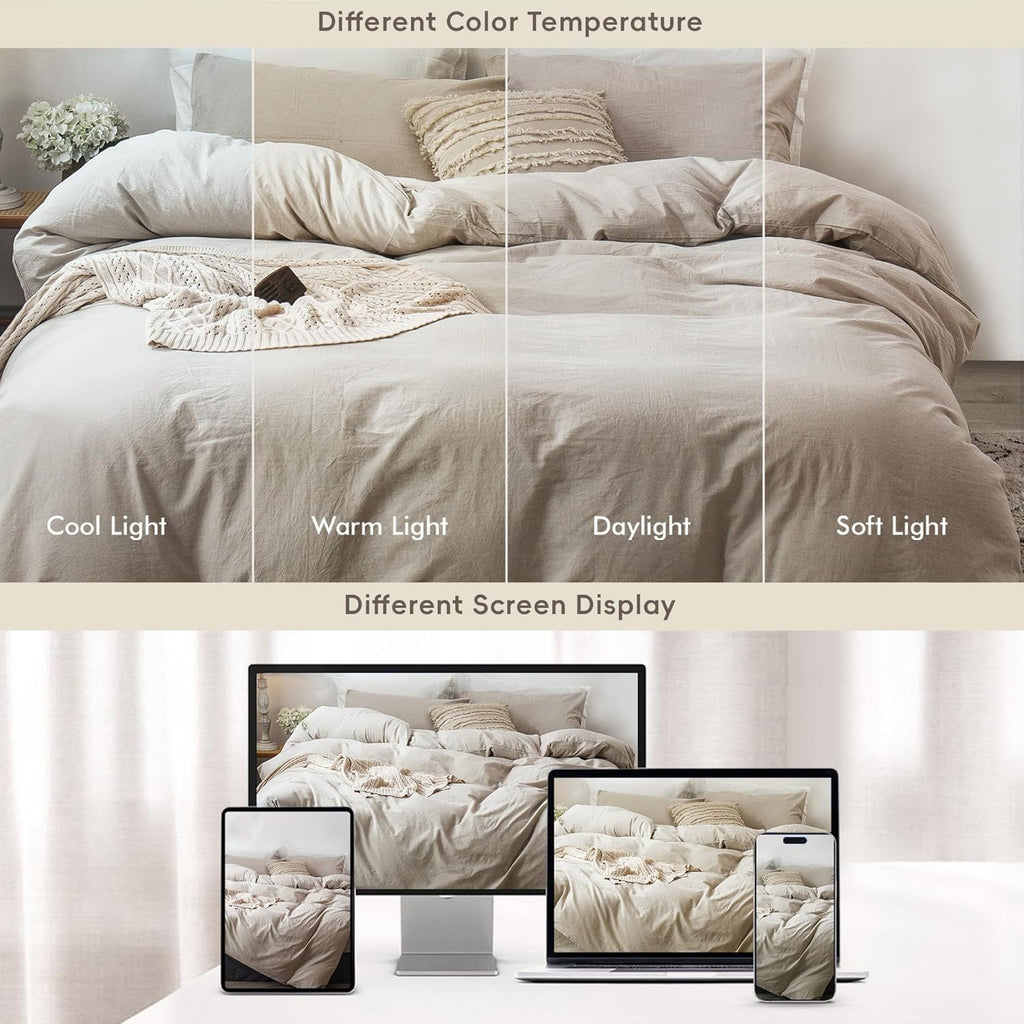 MooMee Bedding Duvet Cover Set 100% Washed Cotton Linen Like Textured Breathable Durable Soft Comfy (Heathered Tannish Linen Grey, Oversized King Plus 128'x120')