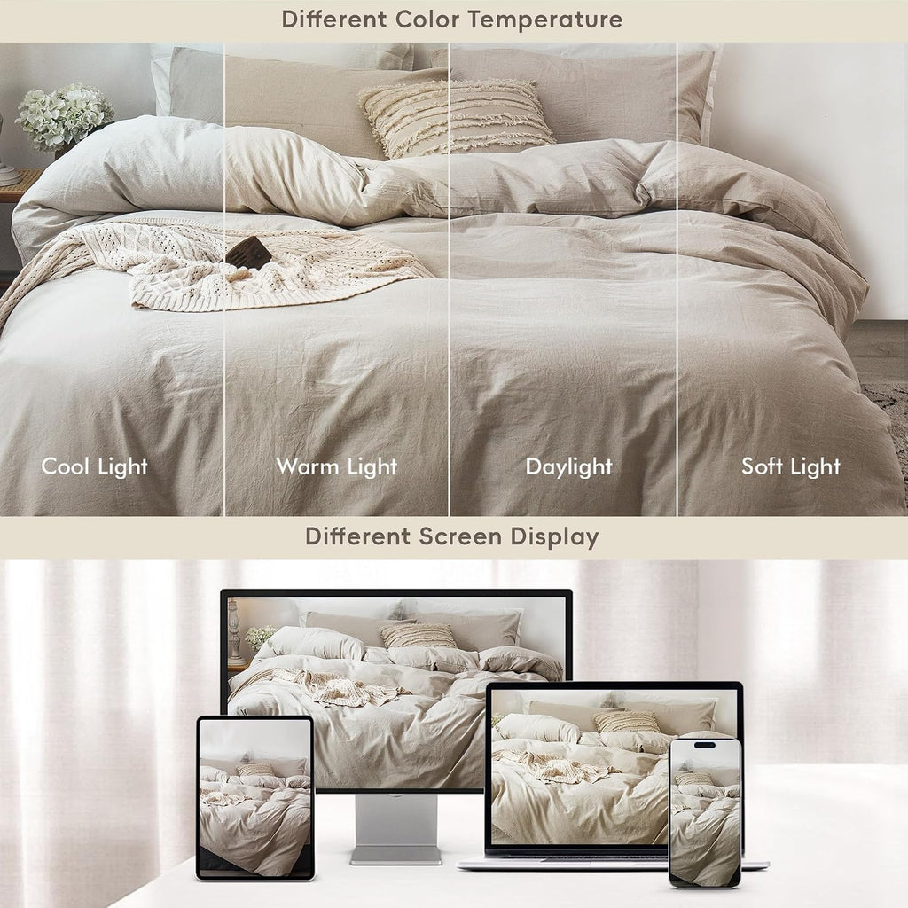 MooMee Bedding Duvet Cover Set 100% Washed Cotton Linen Like Textured Breathable Durable Soft Comfy (Heathered Tannish Linen Grey, Alaska King 132'x120')