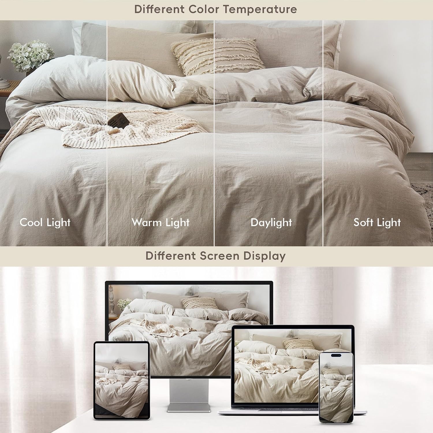 MooMee Bedding Duvet Cover Set 100% Washed Cotton Linen Like Textured Breathable Durable Soft Comfy (Heathered Tannish Linen Grey, Alaska King 132'x120')