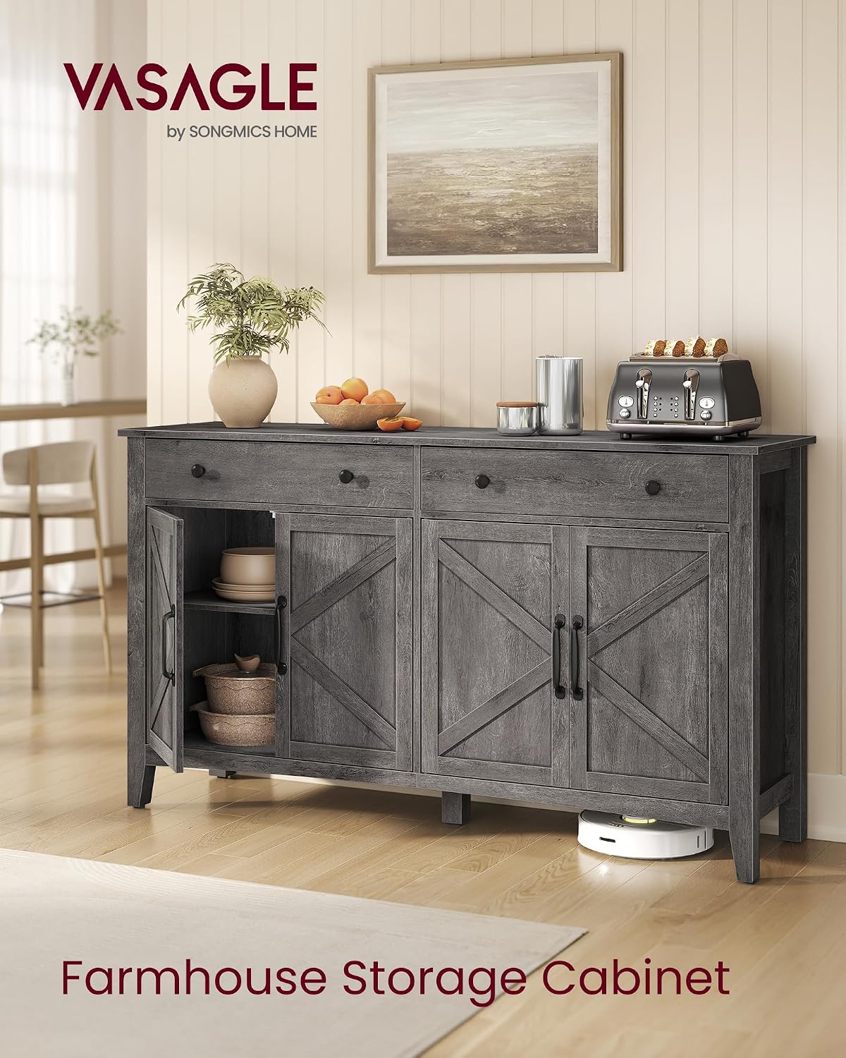 VASAGLE LIRY Collection - Buffet Cabinet, Coffee Bar Cabinet with 2 Drawers, Adjustable Shelves, Sideboard Storage with Cable Holes, Drawer Dividers, Misty Gray UBBK381GW01S