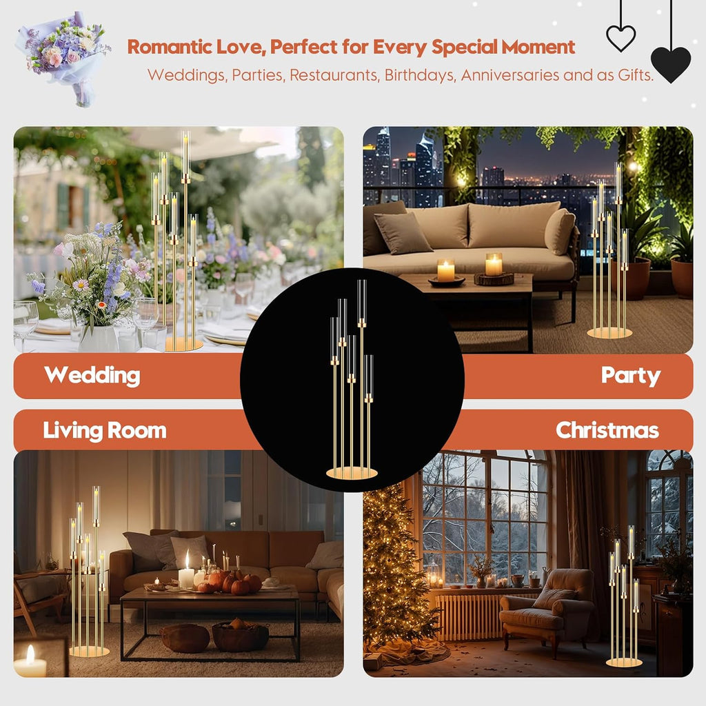 6 Set 5 Arm Gold Candle Holder, Mjkeomo 41.3'' Tall Candelabra Centerpieces for Tables Gold Candlesticks Holder for Housewarming Gift Fireplace Dinner Halloween Christmas Decor Fit 0.82'' LED Candle