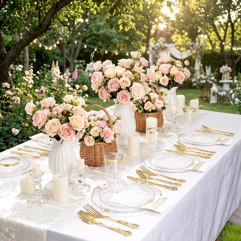 YOUBET 700PCS Clear Gold Plastic Plates - Elegant Gold Plastic Dinnerware Set Include 200 Disposable Plates, 300 Heavy Duty Silverware, 100 Cups, 100 Napkins for Wedding Party