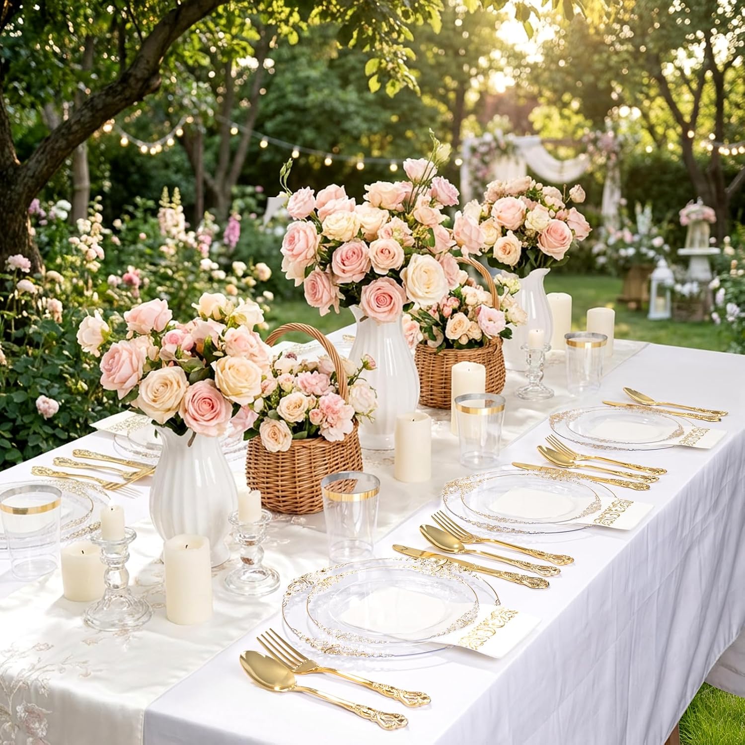 YOUBET 700PCS Clear Gold Plastic Plates - Elegant Gold Plastic Dinnerware Set Include 200 Disposable Plates, 300 Heavy Duty Silverware, 100 Cups, 100 Napkins for Wedding Party