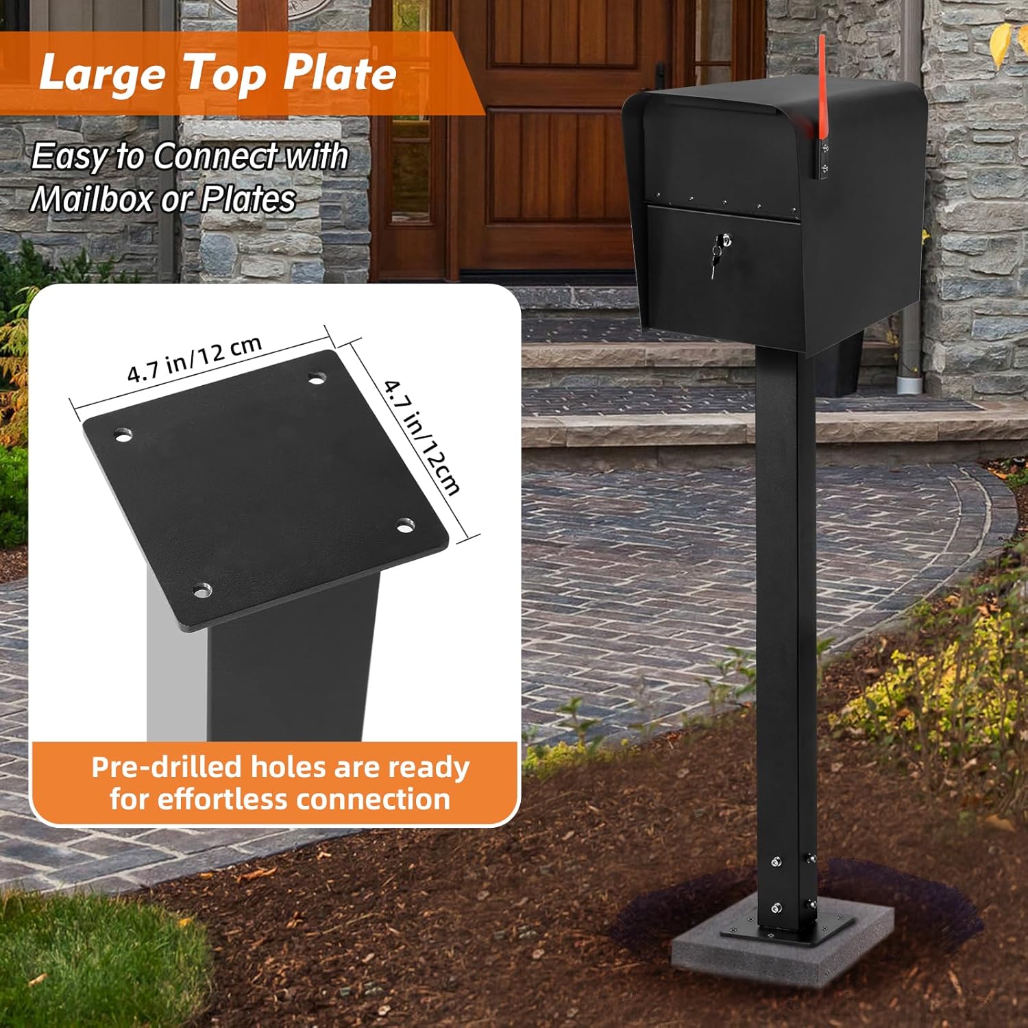 43 Inch Steel Mailbox Post with Base Plate, Heavy Duty In-Ground Mounting Post for Outside, Q235 Mail Box Post for Street Curbside, Mailbox Post Kit for Sidewalk, Black