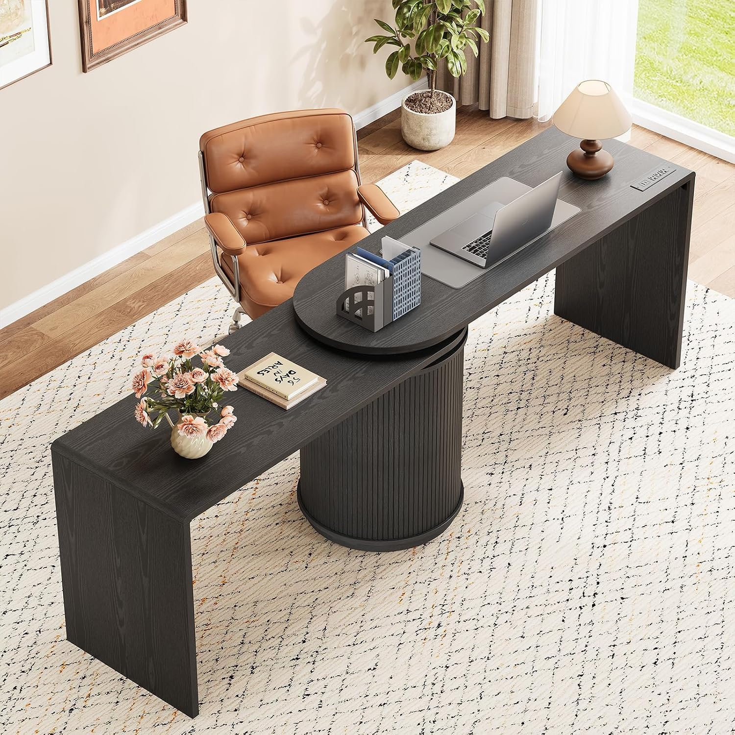 ONBRILL 60 Inch L Shaped Desks with Power Outlets,360° Rotating Swivel Corner Desk with Storge, Fluted Computer Table for Home Office,Workstation,Study Room,Black