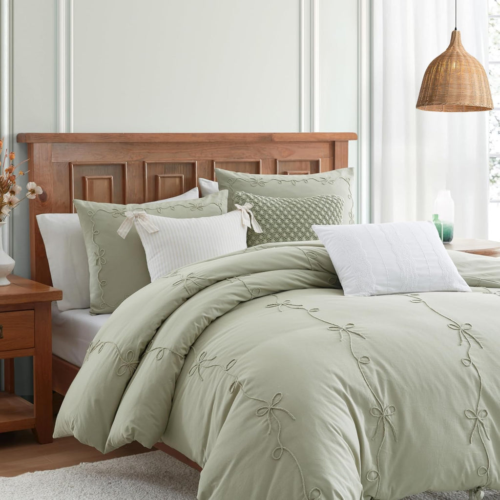 Peri Home Bows Duvet Cover Set 100% Cotton 3-Piece Bedding, Full/Queen, Green Sasha Bows