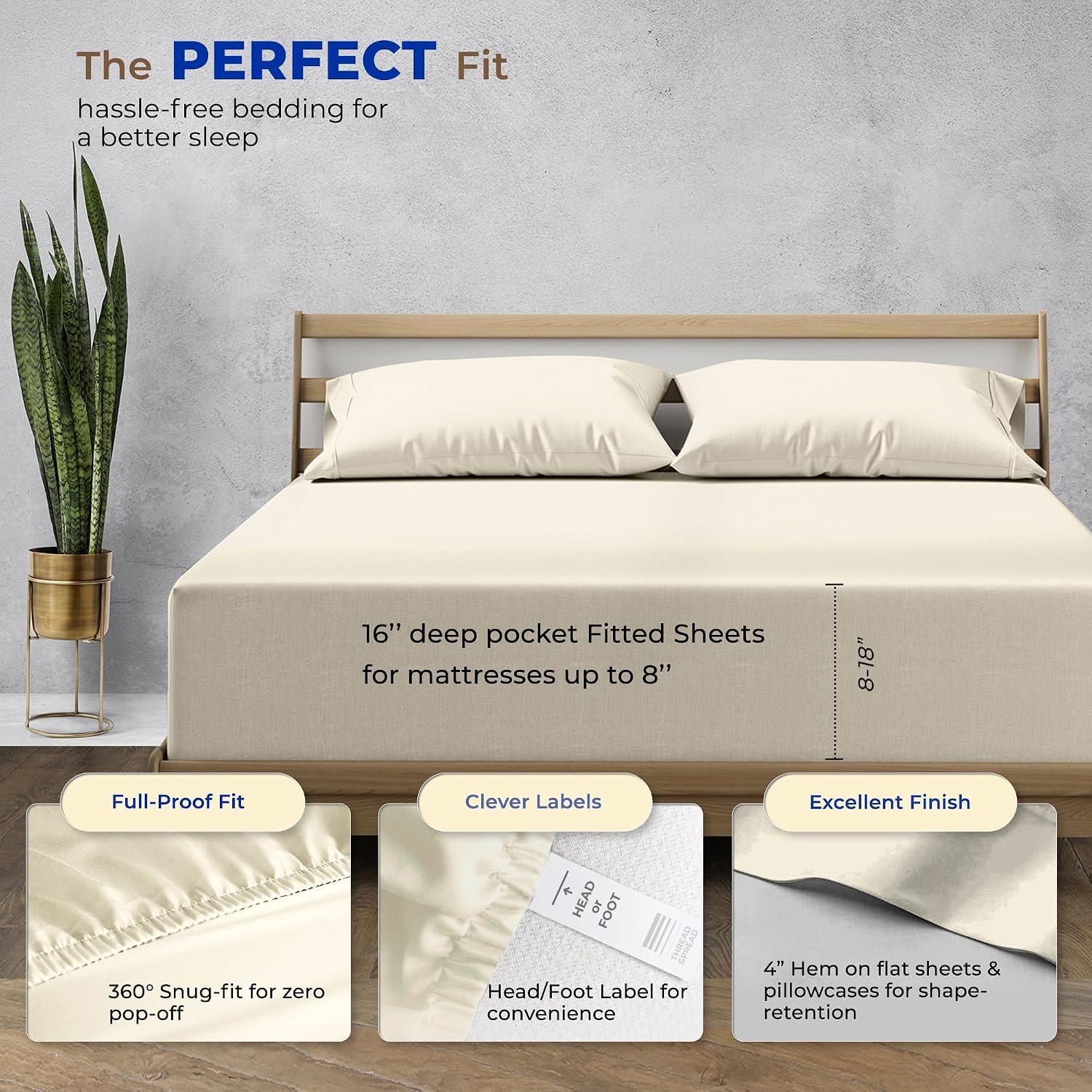 THREAD SPREAD Queen Sheet Set, Luxury 1000 Series Paradise Collection 100% Egyptian Cotton Bed Sheets Queen Size (6 PC, Ivory), Silky Soft, Cooling, Sateen Weave, 16' Deep Pocket Hotel Sheet Set