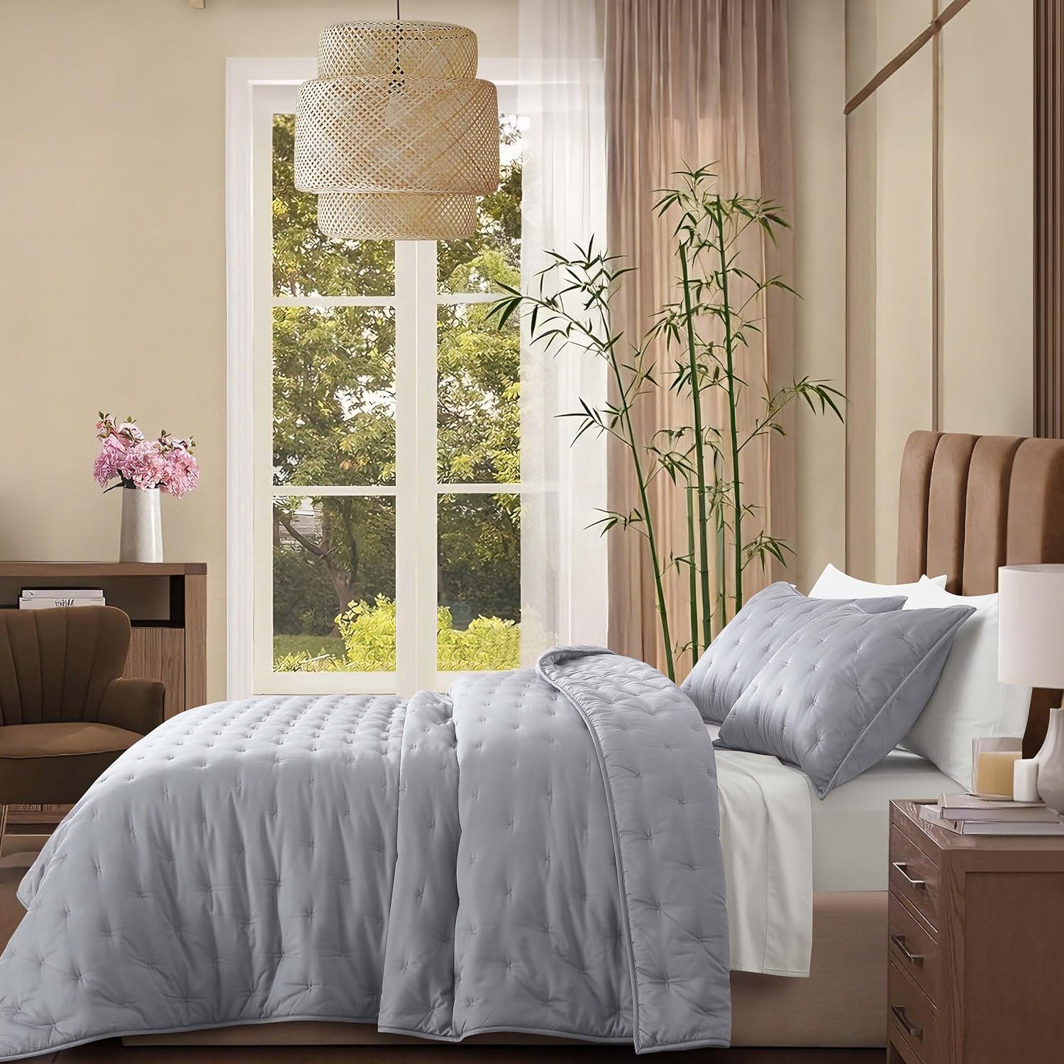 100% Viscose Derived from Bamboo Quilt Set, Soft Dreamer Cross Stitch Bedding, All Season Down Alternative Comforter with 4 Corner Loops, 3-Piece Set, Full/Queen, Silver Grey