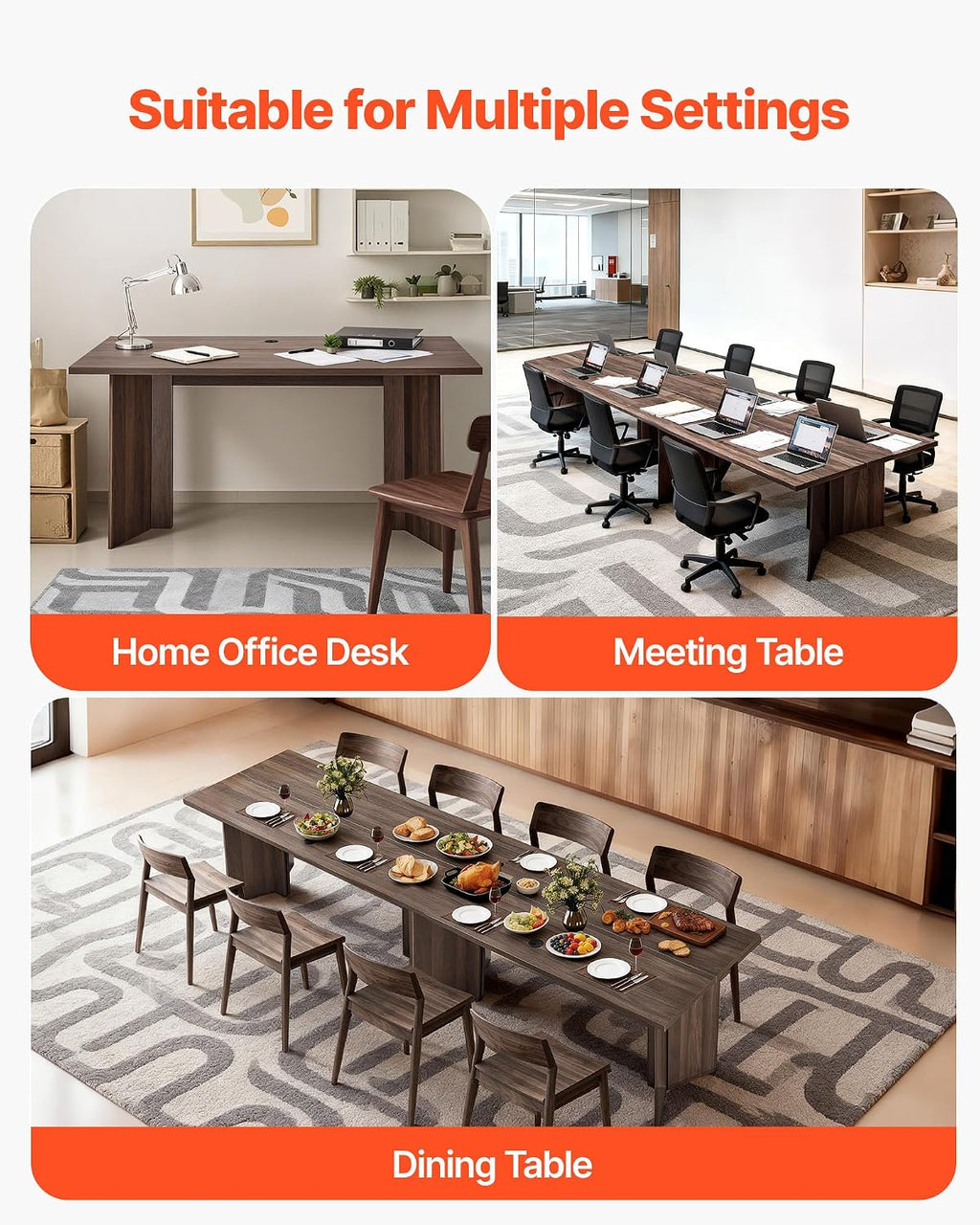 VEVOR 63 in Executive Desk, Large Modern Rectangle Office Table, Heavy Duty Wooden Executive Table with Cable Connection Hole, 250 LBS Load Capacity, Easy Assembly, for Work Study Writing, Walnut