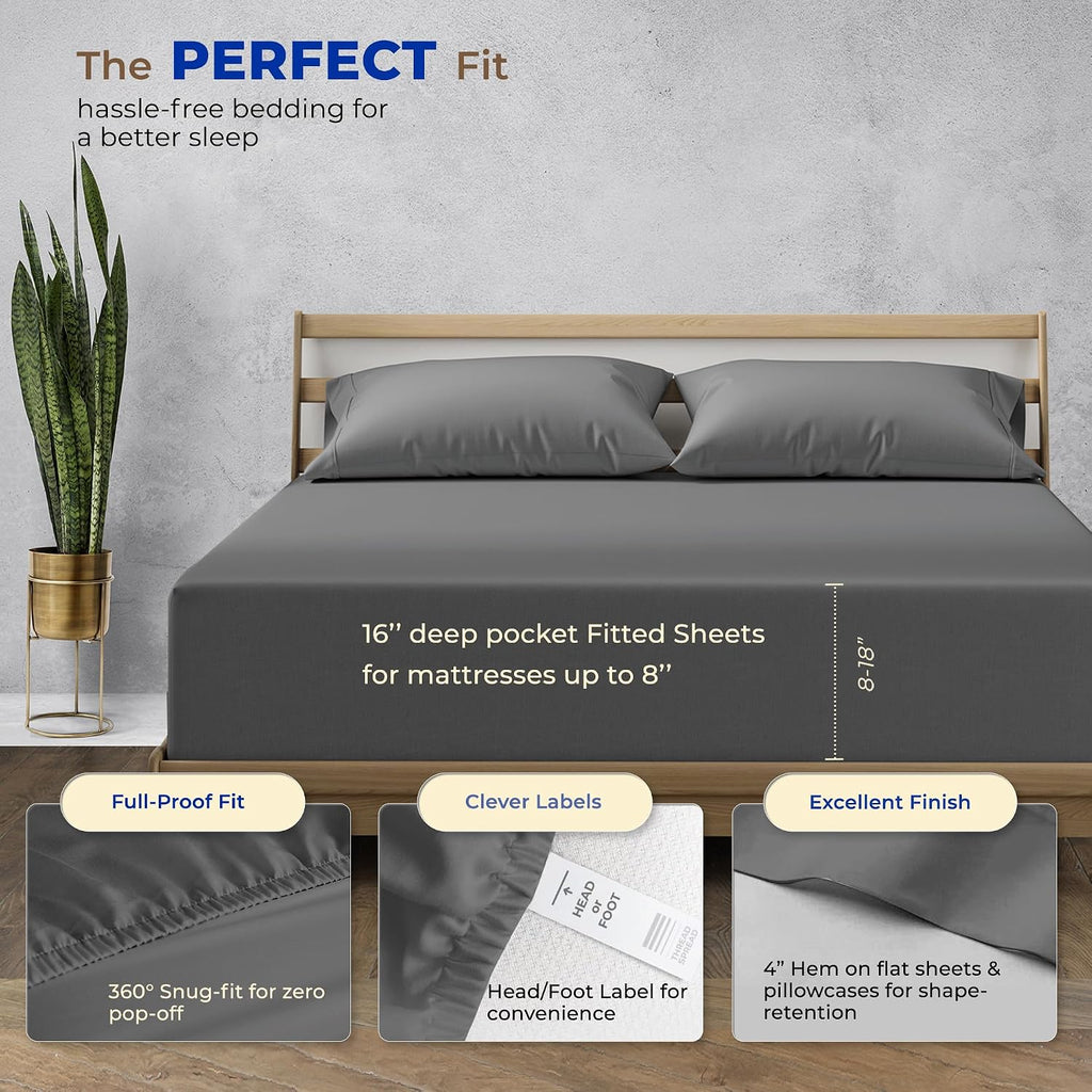 THREAD SPREAD Queen Sheet Set, Luxury 1000 Series Paradise Collection 100% Egyptian Cotton Bed Sheets Queen Size (Pack of 2, Dark Grey), Silky Soft, Cooling, 16' Deep Pocket Hotel Sheet Set