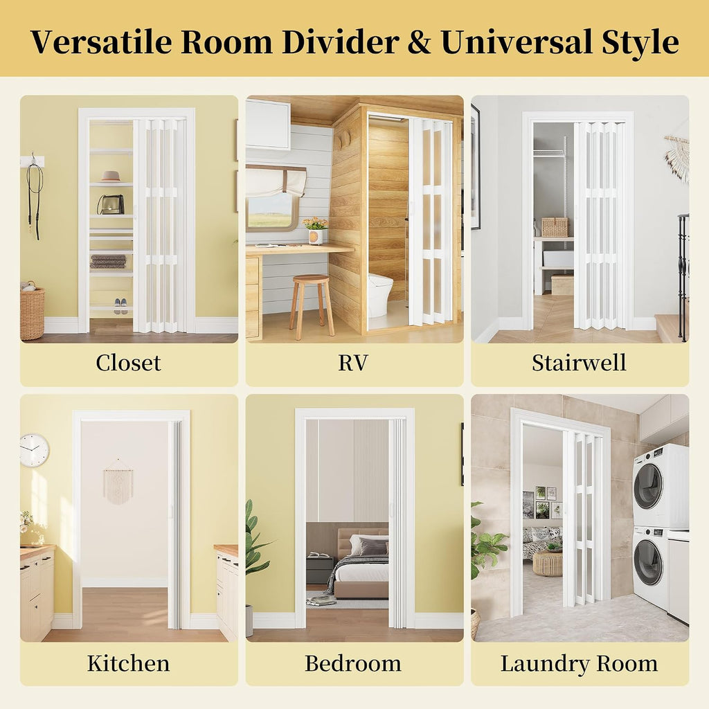 WINSTELLAR 36' x 80' Enhanced Accordion Doors with 3 Frosted Acrylic Panels, Bifold Closet Door Hardware Kit Included, PVC Interior Folding Doors with 2 Handles for Closet Bathroom Doorways