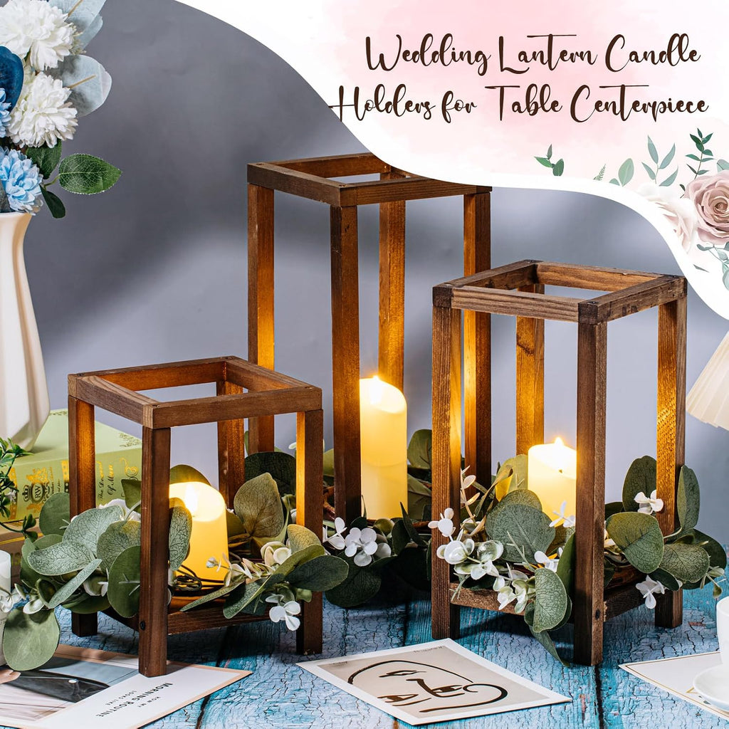 Geelin 12 Set 7.87'', 10.59'', 13'' Brown Wooden Lanterns for Wedding Centerpieces Include 12 Wooden Lantern 12 LED Candle 12 Eucalyptus Leaves Wreath for Wedding Baby Shower Farmhouse Table Decor