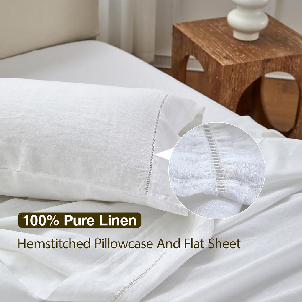 Simple&Opulence 100% Linen Hollow Hemstitch Sheet Set -4 Pieces European Flax Pure Washed Bed Sheets (1 Flat Sheet, 1 Fitted Sheet,2 Pillowcases) -Breathable and Soft (Hemstitch White,Queen)