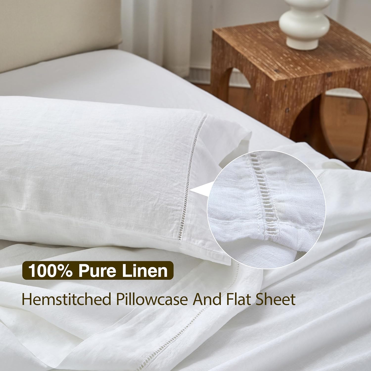 Simple&Opulence 100% Linen Hollow Hemstitch Sheet Set -4 Pieces European Flax Pure Washed Bed Sheets (1 Flat Sheet, 1 Fitted Sheet,2 Pillowcases) -Breathable and Soft (Hemstitch White,Queen)