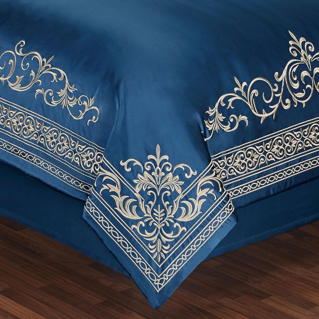 Buckingham Luxury Bedding | Sapphire Blue | Palace-Inspired Golden Scrollwork Embroidery | 11 Pc Set: Cal King Comforter, Bedskirt, 2 King Shams, 2 Euro Shams, 2 Euro Pillow Inserts & 3 Pillows