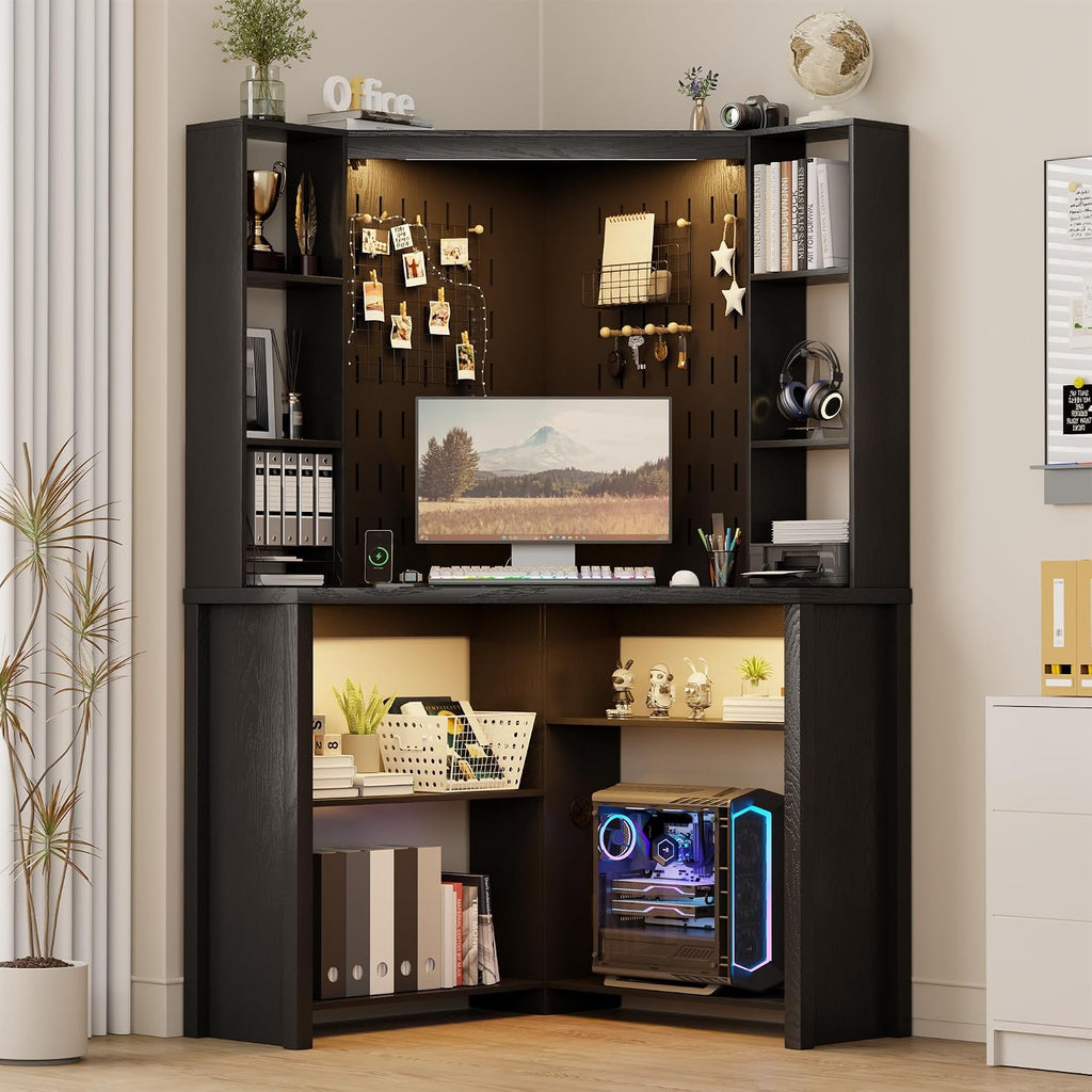 Corner Desk with - LED Reading Light, L-Shaped Computer Desk w/Hutch & Shelves, Home Office Desk w/Charging Station for Work & Study, File Cabinet Storage Bookshelf for Small Space (Black)