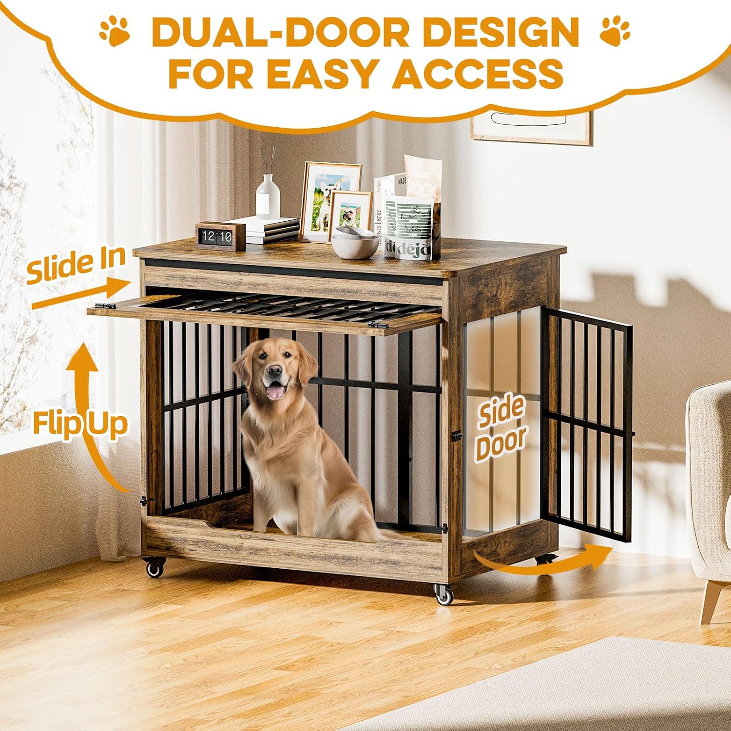 42' Large Dog Crate Furniture, Double Door Wooden Indoor Dog Kennel Furniture, Pet Cage Decorative with Wheels for Large Breed Dogs, Size XL, Rustic Brown