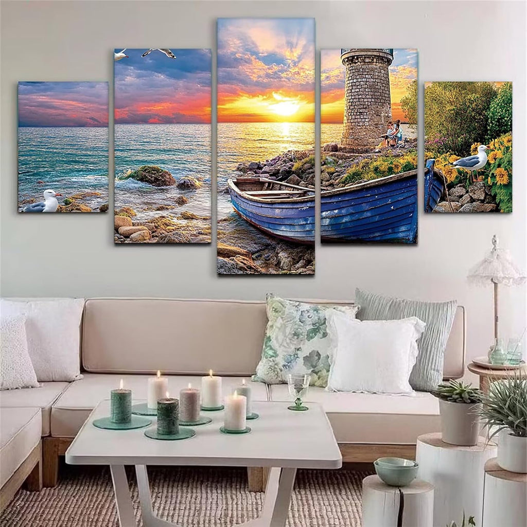 Lighthouse Diamond Art 5 Piece Diamond Painting Landscape 5D Full Round Drill Dimond Art Paintings Crystal Crafts for Adults Gem Painting for Home Decor, Large Artwork for Wall 48 x 100 Inch, Model69