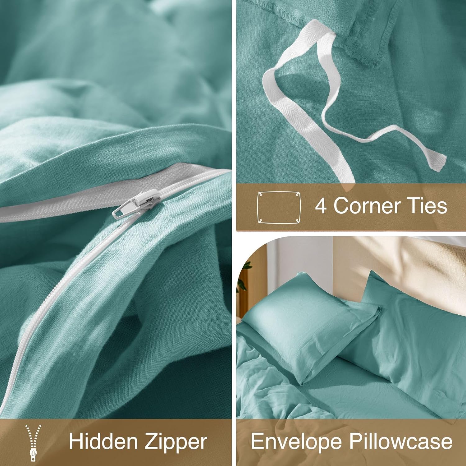 SONORO KATE 100% French Linen Duvet Cover Queen Size, Soft Breathable for Hot Sleepers, Moisture Wicking & Durable Cover Set - Zipper Closure & 4 Corner Ties Duvet Covers 3 Piece (Aqua,Queen)