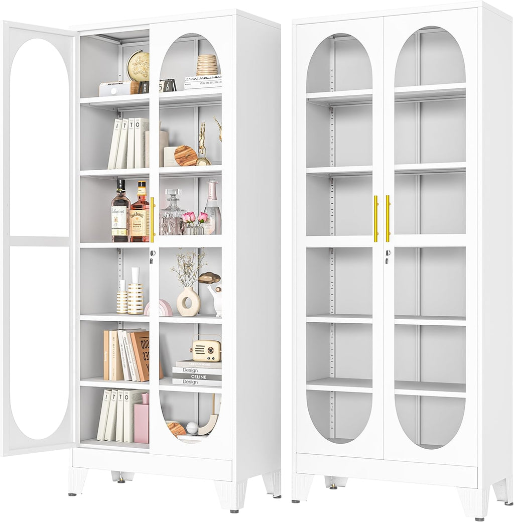 PAOFIN 75' H Locking Display Cabinet with Glass Door, Metal Cabinets with 5 Adjustable Shelves, Cabinet Display Case for Living Room, Collectibles, Clinic, Home - Assembly Required White