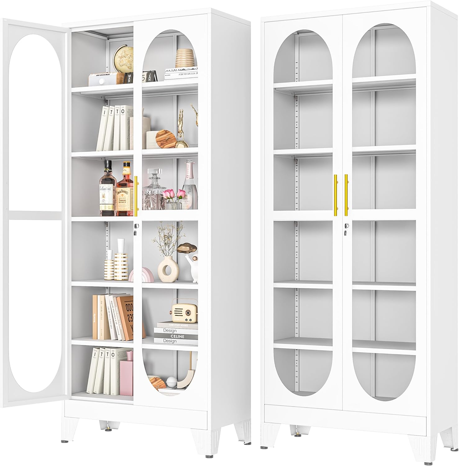 PAOFIN 75' H Locking Display Cabinet with Glass Door, Metal Cabinets with 5 Adjustable Shelves, Cabinet Display Case for Living Room, Collectibles, Clinic, Home - Assembly Required White
