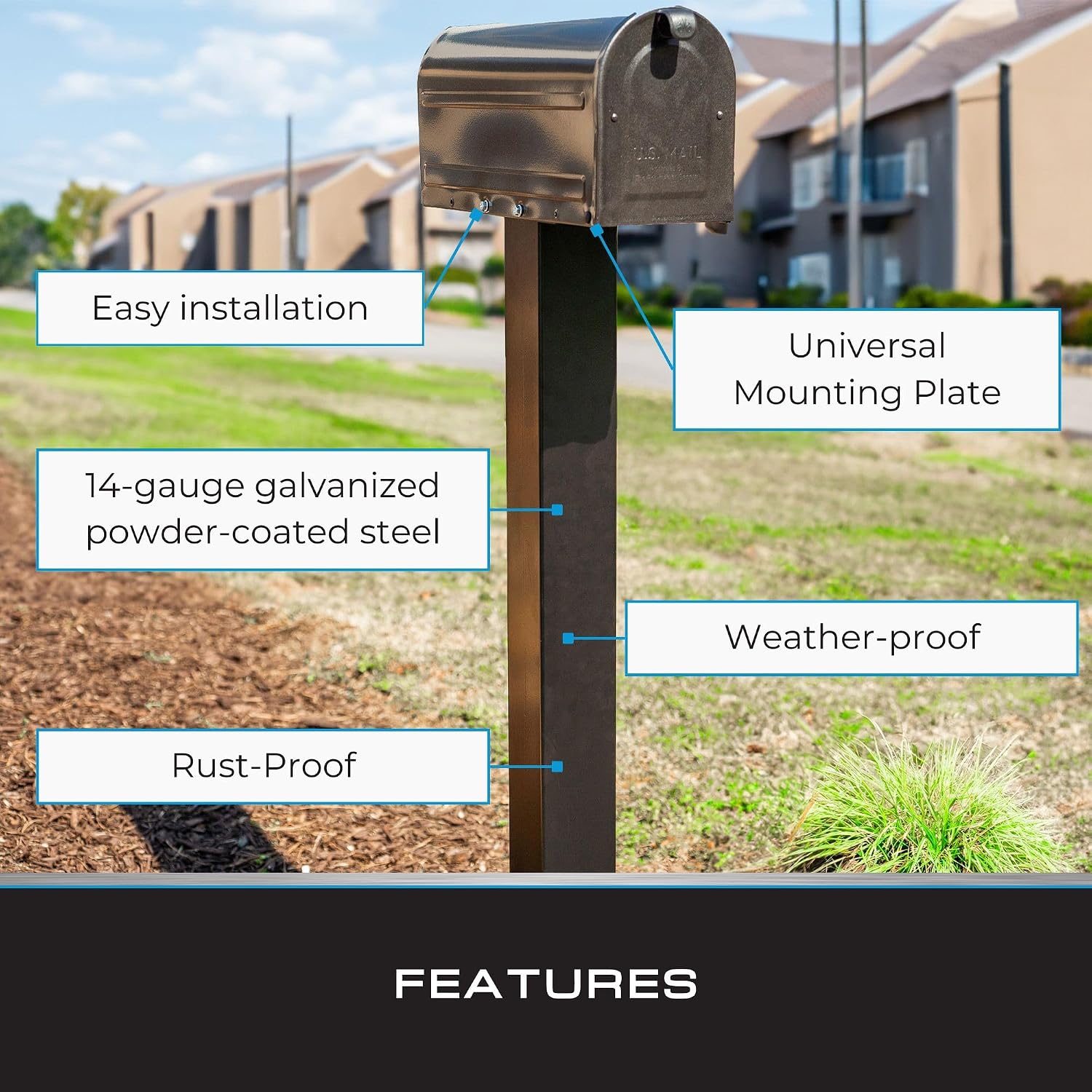 Tie Down Mailbox Post and Mount | Galvanized Powder-Coated Steel Post and Universal Mounting Plate for Mailbox | Black