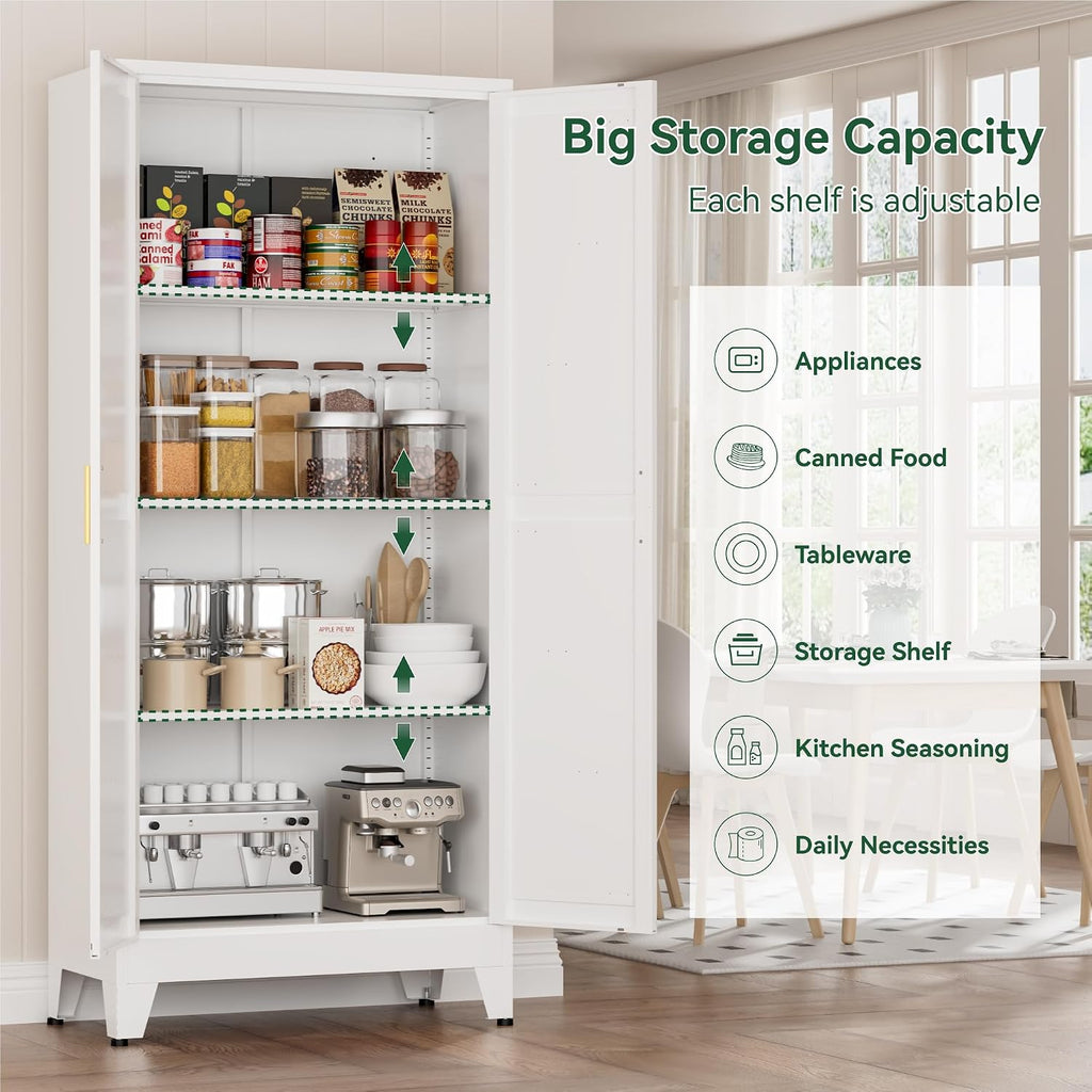 Metal Kitchen Pantry Cabinet, 61' White Farmhouse Storage Cabinet with 2 Vintage Barn Doors and 3 Adjustable Shelves, Rustic Freestanding Cupboard for Kitchen,Home Office Living Room,Dining Room