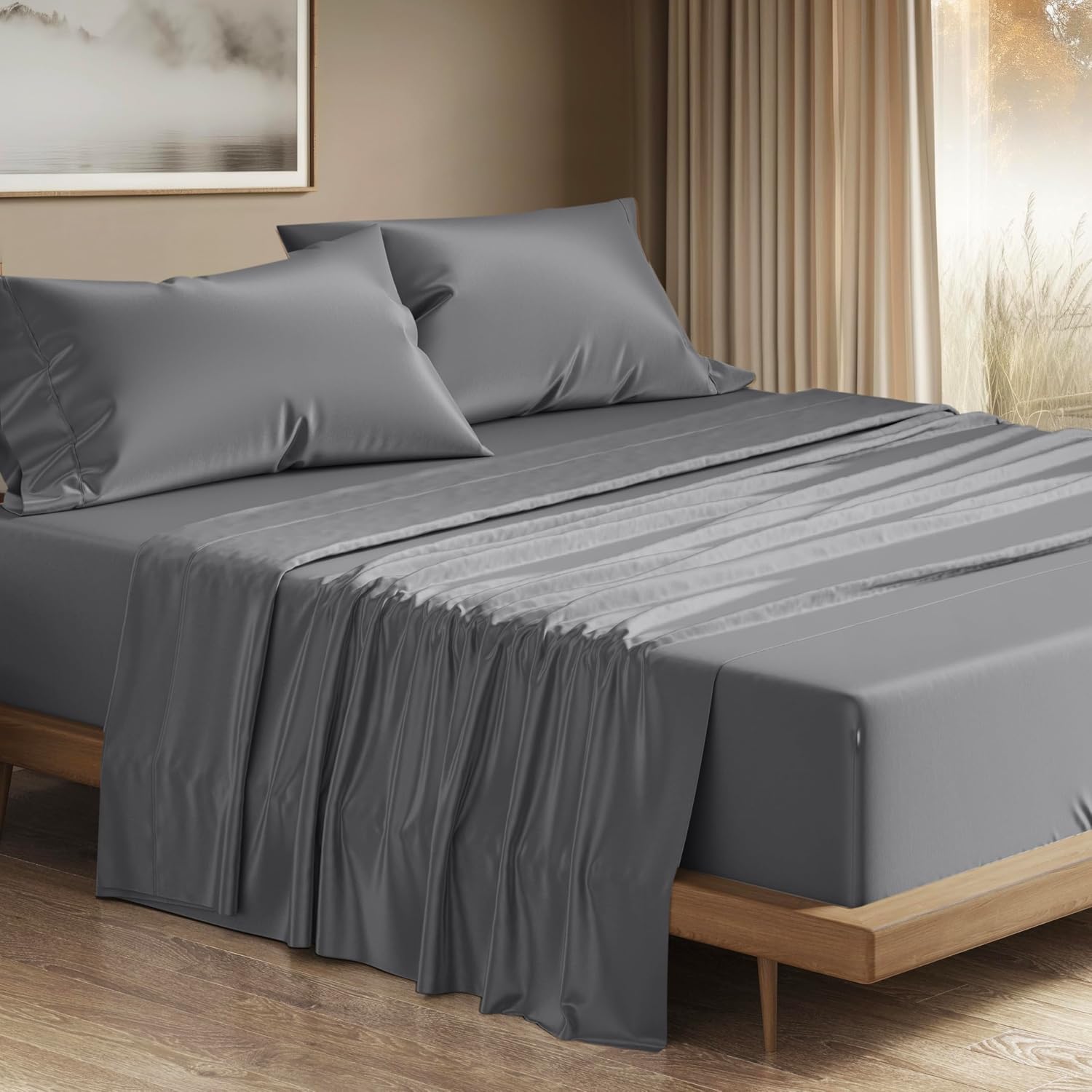 THREAD SPREAD 100% Egyptian Cotton Queen Sheets Set - 1200 Series Plush Collection Luxury Egyptian Cotton Sheets Queen Size Deep Pocket (4 PC, Dark Grey), Soft, Cooling, Sateen Weave Sheet Set