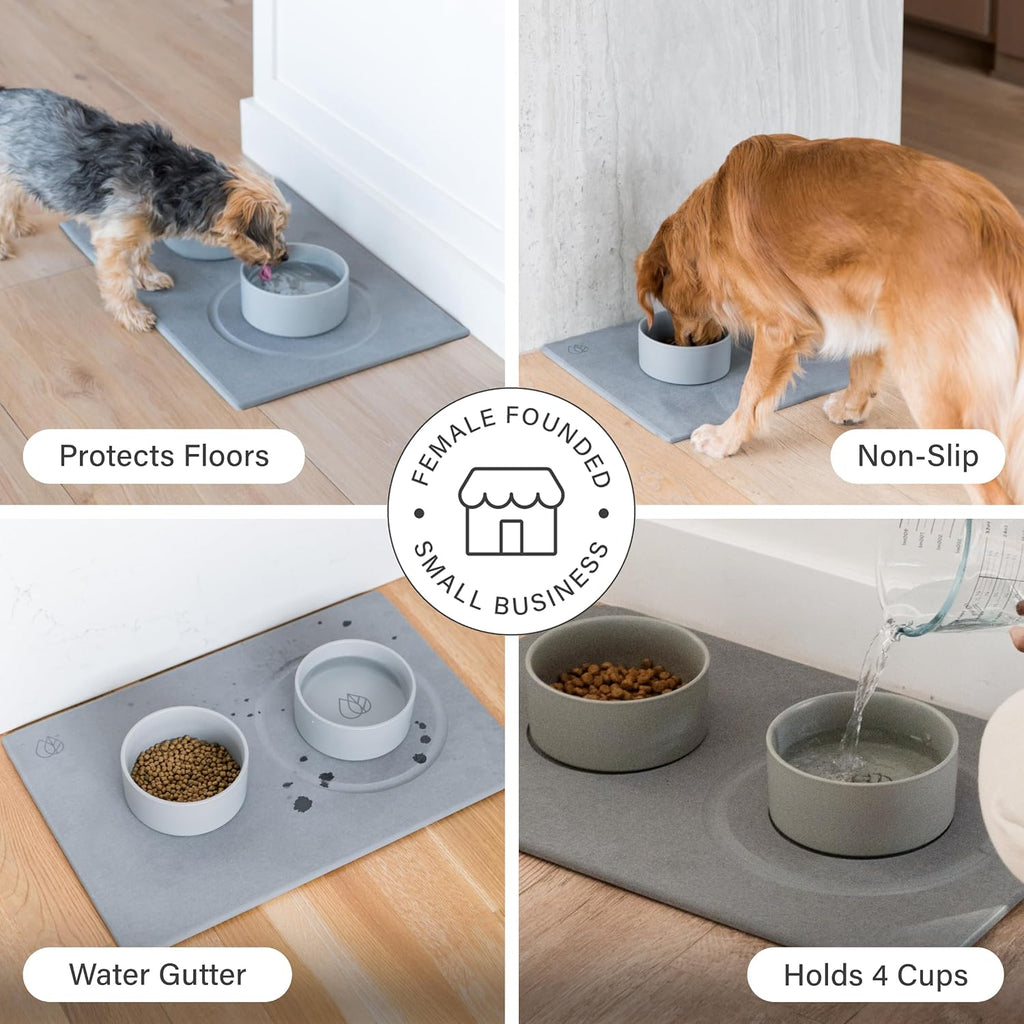 Dorai Home Ceramic Dog Bowls + Stone Drying Mat - Dog Food and Water Bowl Set with Non-Slip Base that Absorbs Spills and Drips - Made with Diatomaceous Earth for Quick Drying - 23.6' x 15.4' - Slate
