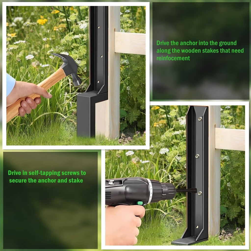 Fence Post Repair Stakes Kit – 1/8' Thickened Carbon Steel One-Piece Structure, Heavy Duty Ground Anchor Stake for Repairing or Reinforcing Broken/Leaning Privacy Fence & Mailbox Post, Black, 4-Pack