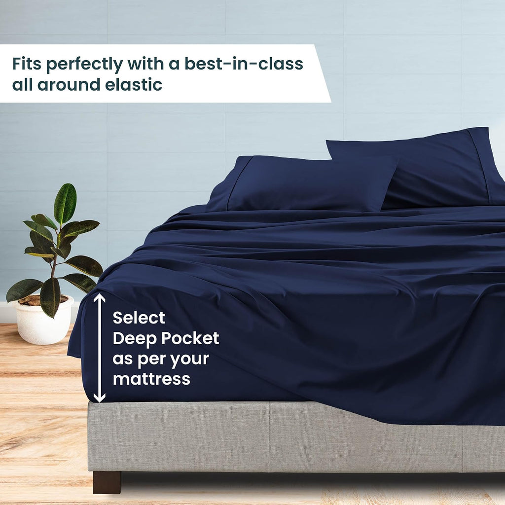 1000 Series- Extra Long Staple 100% Egyptian Cotton Sheet Set,Sateen Weave, Hotel Quality Soft Luxury Bedding, Queen Size 4 Piece Sheet Set Fit 15' Inch to 18' Deep Navy Blue Solid.