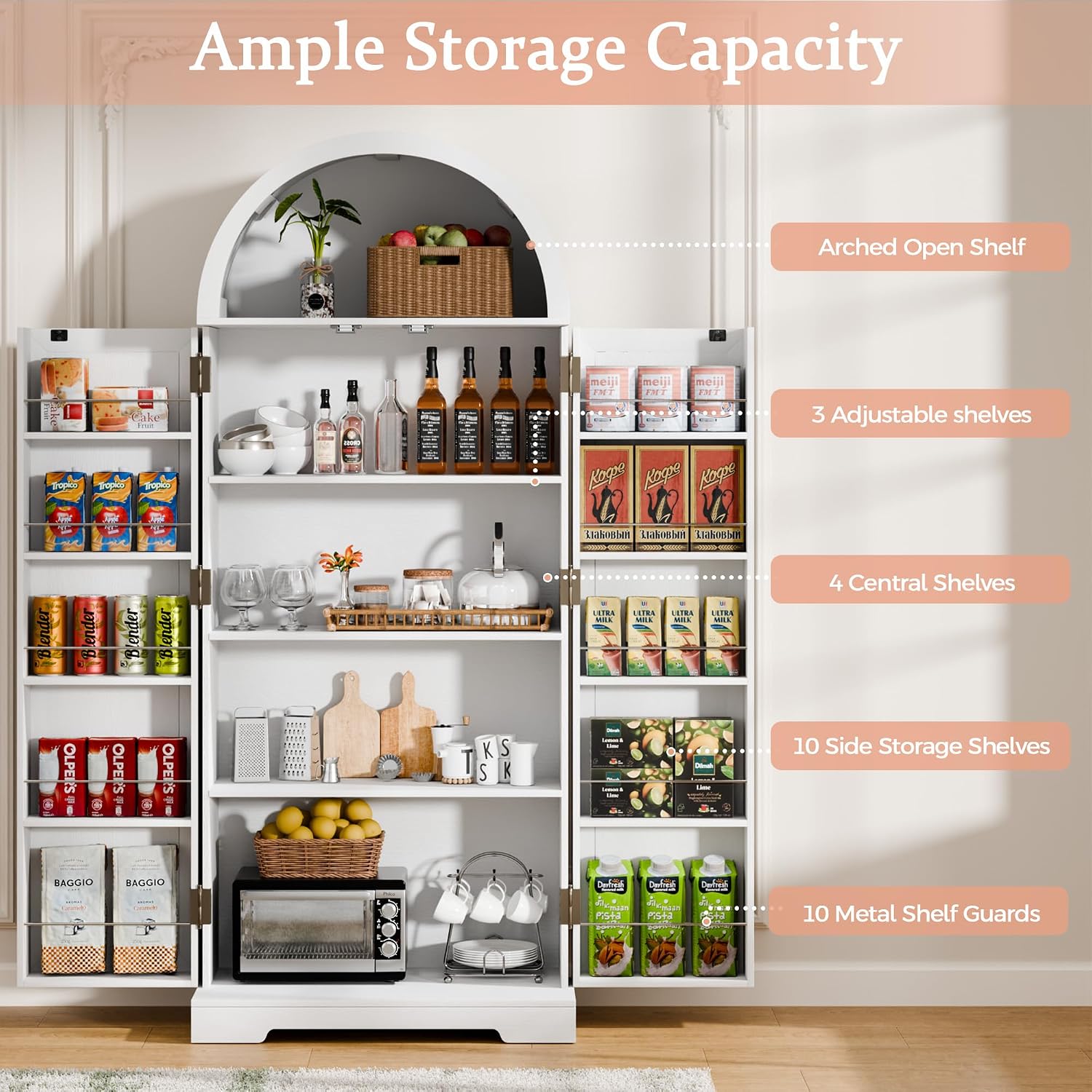 65''H Kitchen Storage Cabinet Pantry with 4 Large Storage Compartment & 10 Door Shelves, Free Standing Pantry Cabinet with Barn Doors Tall Kitchen Cabinet for Dining Room, Living Room, White