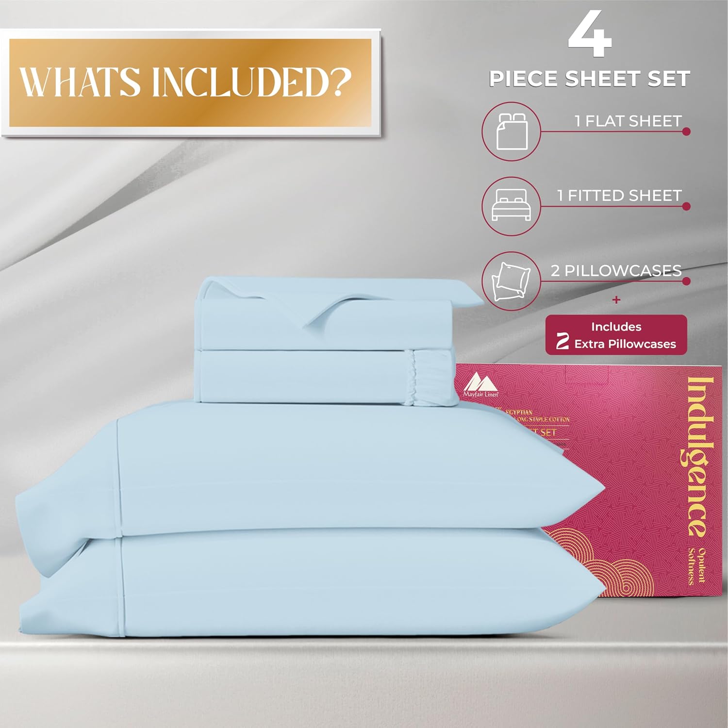 Mayfair Linen 100% Egyptian Cotton Queen Sheet Set - Luxury 1200 Series Egyptian Cotton Sheets Queen Size (4 PC, Light Blue), Silky Soft, Cooling & Breathable, 17' Deep Pocket Sateen Hotel Bedding
