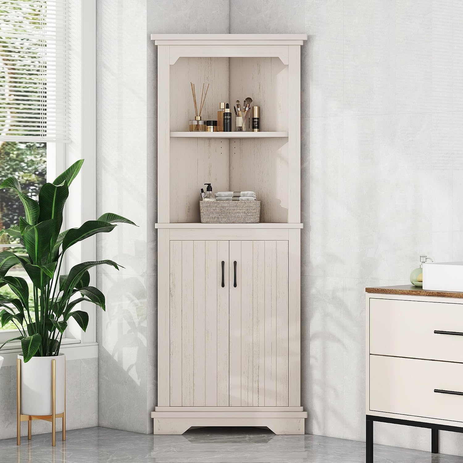 Bellemave Triangle Corner Storage Cabinet, 69.4'' H Tall Bathroom/Kitchen Cabinet with Doors & Shelves, Space-Saving Furniture for Small Spaces (Beige)